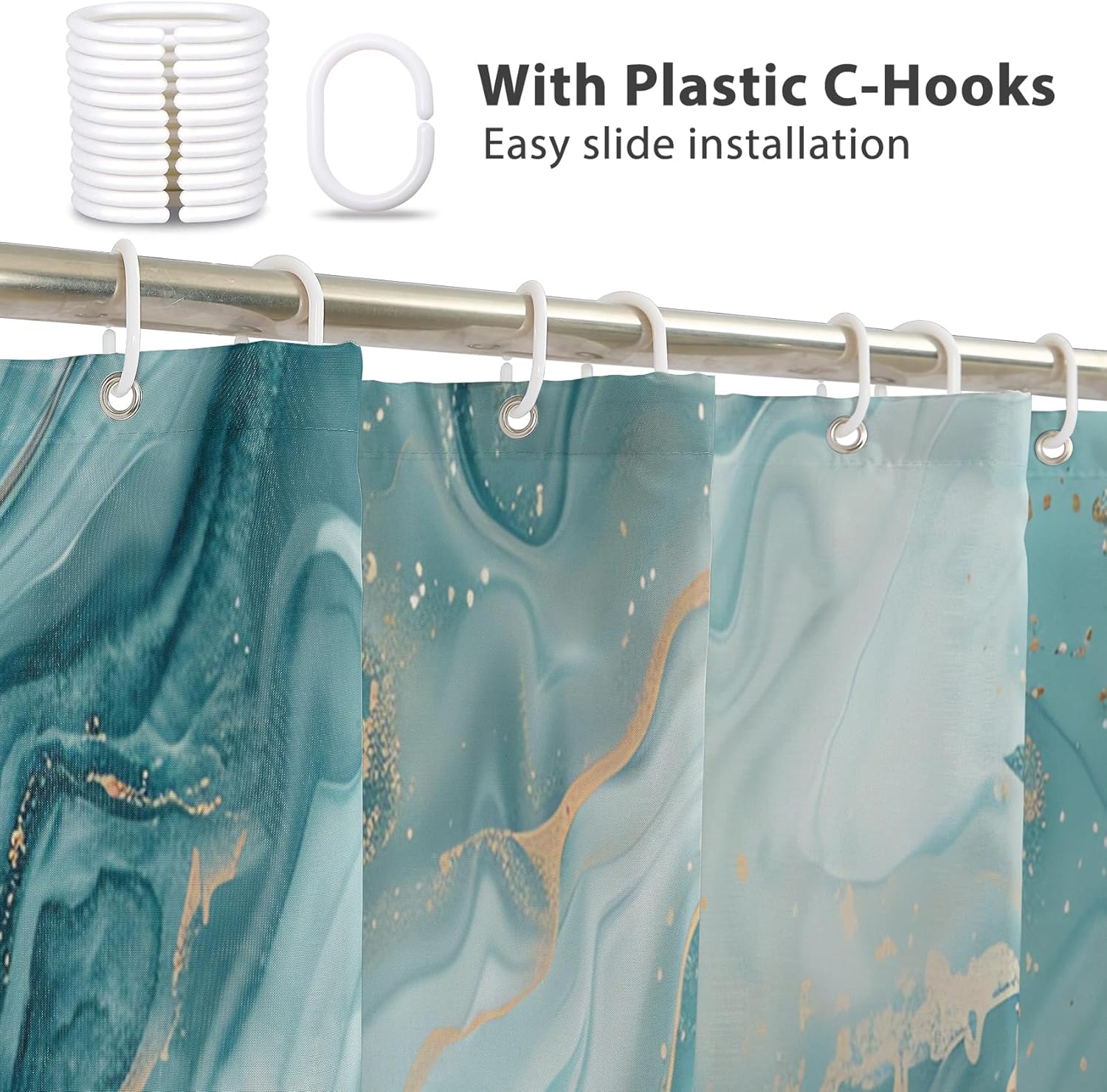 Renaiss 72x84 Inches Teal Marble Shower Curtain Abstract Watercolor Teal Golden Lines Texture Modern Luxury Ink Aesthetic Fabric Shower Curtain Sets for Bathroom Decor Waterproof with Hooks
