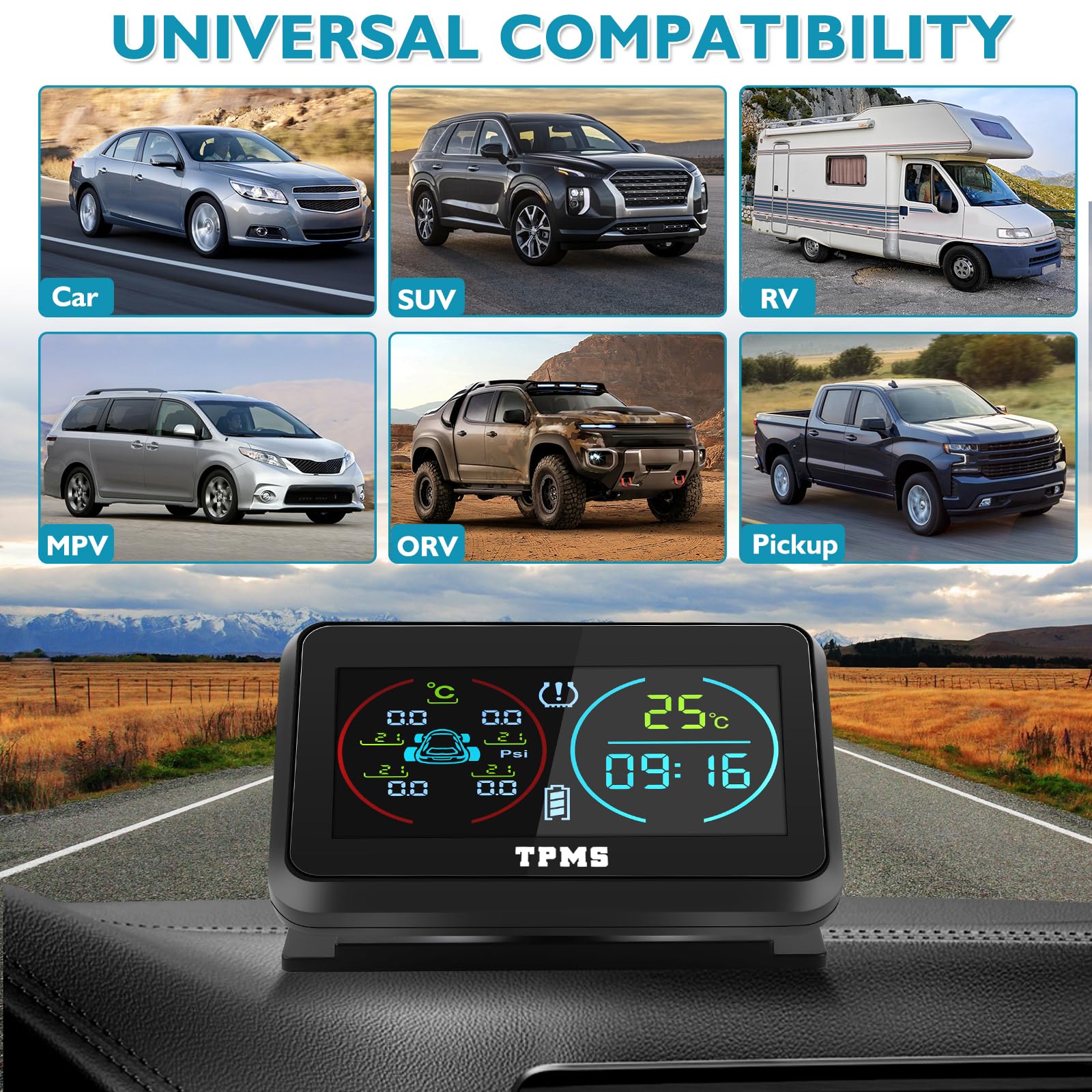 KAOLALI TPMS Sistema di monitoraggio della pressione degli pneumatici, visualizzazione dell'ora e della temperatura TPMS, ricarica solare e funzione di ricarica USB, con 4 sensori esterni di pressione