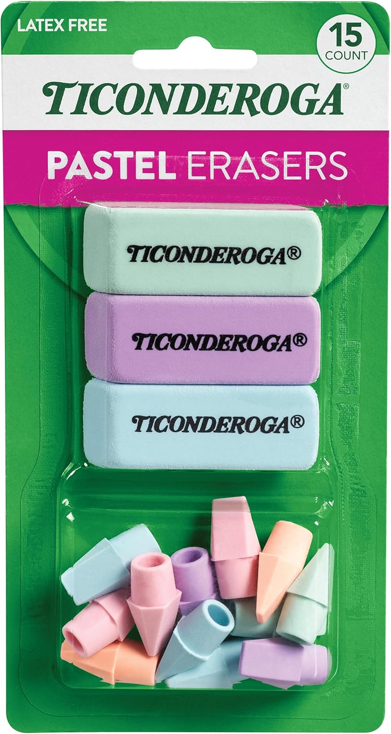 Ticonderoga Pastel Assorted Erasers, 15 Count - Latex-Free Wedge & Pencil Cap for Precise, Clean Erasing