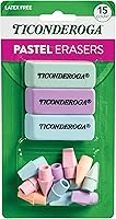 Ticonderoga Pastel Assorted Erasers, 15 Count - Latex-Free Wedge & Pencil Cap for Precise, Clean Erasing