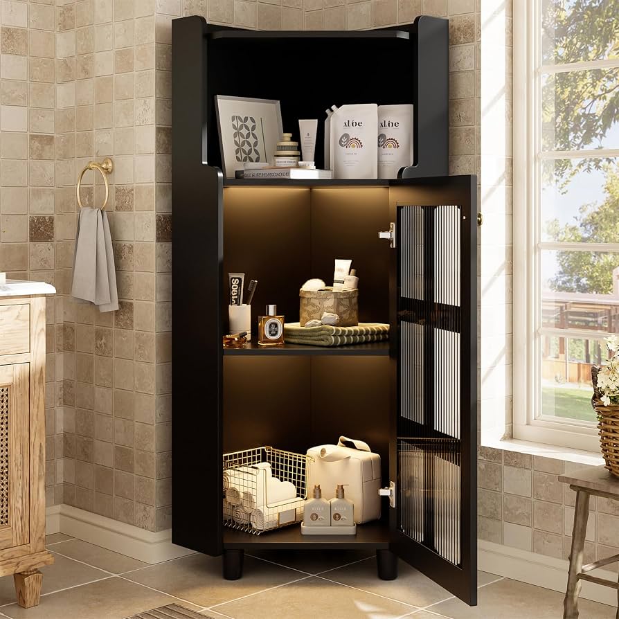 NADEUSAK Schwarz Eck-Schrank 60x120cm mit Lackoberfläche – Moderner Eck-Kommode für Wohnzimmer, Bücherregal, Badezimmer Küche, Haushalt & Wohnen