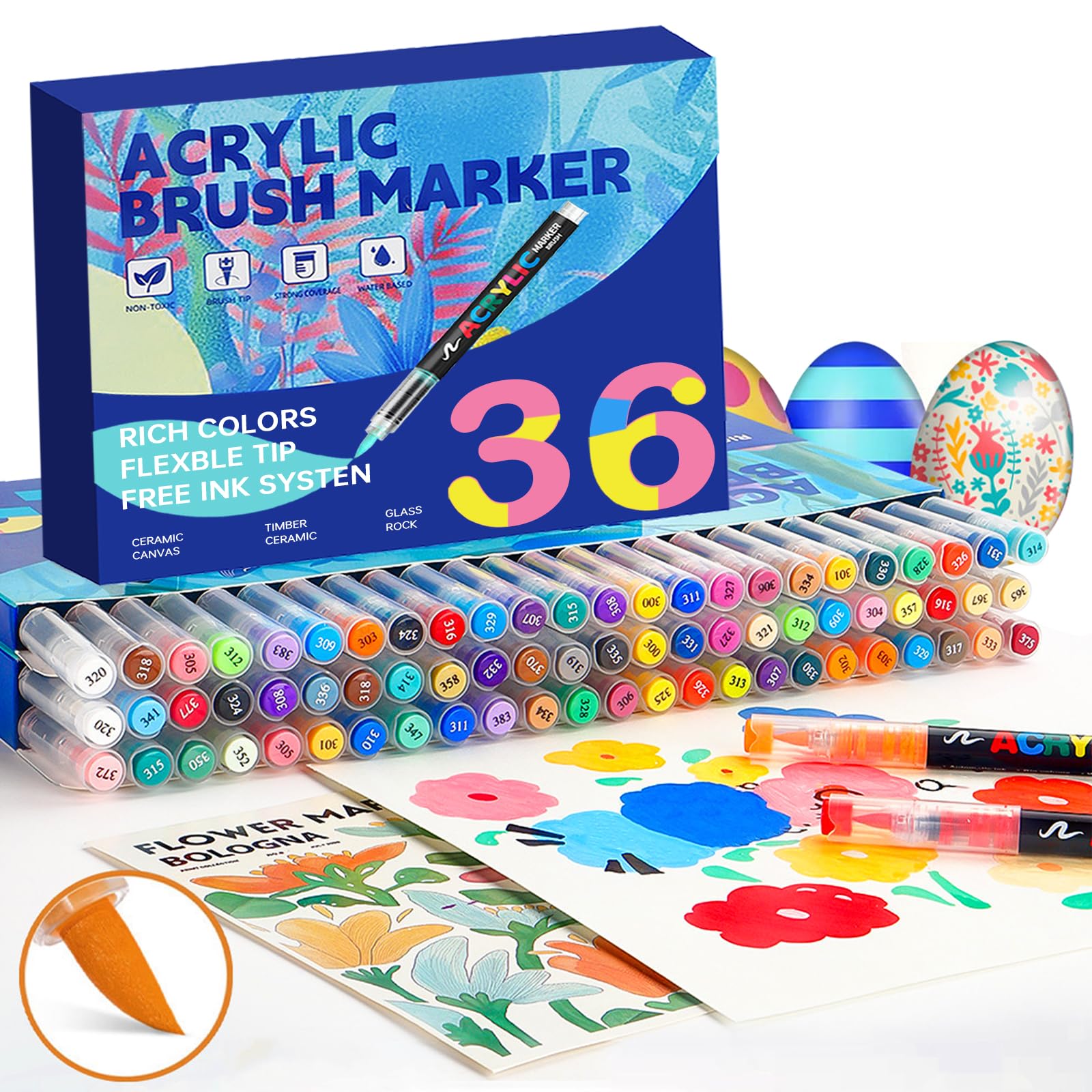 36 Colors Acrylic Markers Double Ended Acrylic Markers,Waterproof and Quick Drying,Ideal for Painting on Stones, Paper, Wood, Eggs, Canvas, Ceramics and Crafts
