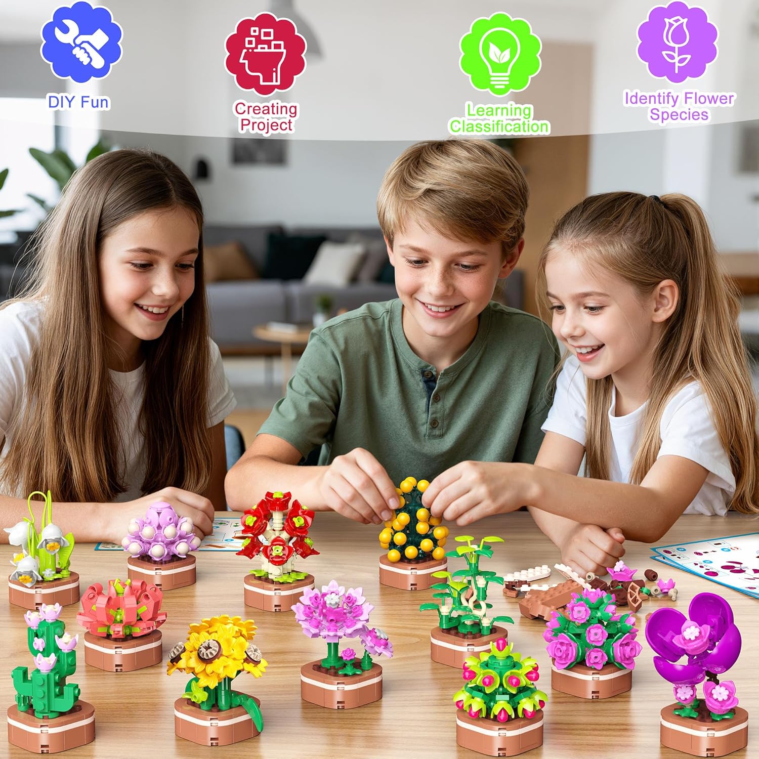 zinat 12 Pack Flower Succulent Building Blocks Set, 1001 PCS Botanical Plant Collection, DIY Potted Plants Model for Home Office Decor, Creative Gift for Adults & Kids Age 6+
