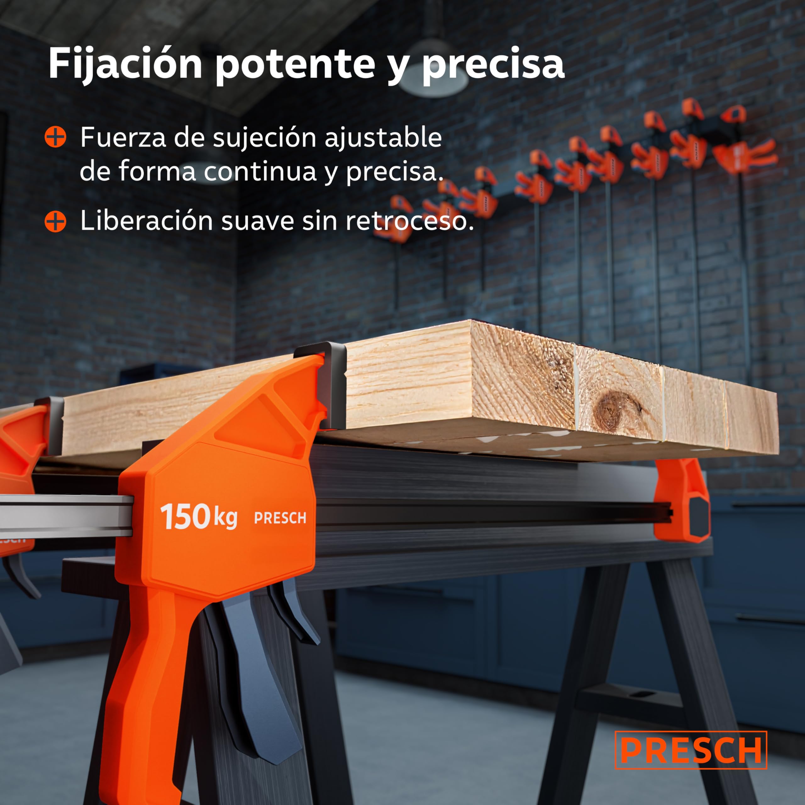 Presch Sargentos Carpintero 450mm 2 uds - Sargentos de apriete con 150 kg fuerza de sujeción - Robusto gracias al acero al carbono y al cuerpo reforzado con fibra de vidrio - Con función de expansión