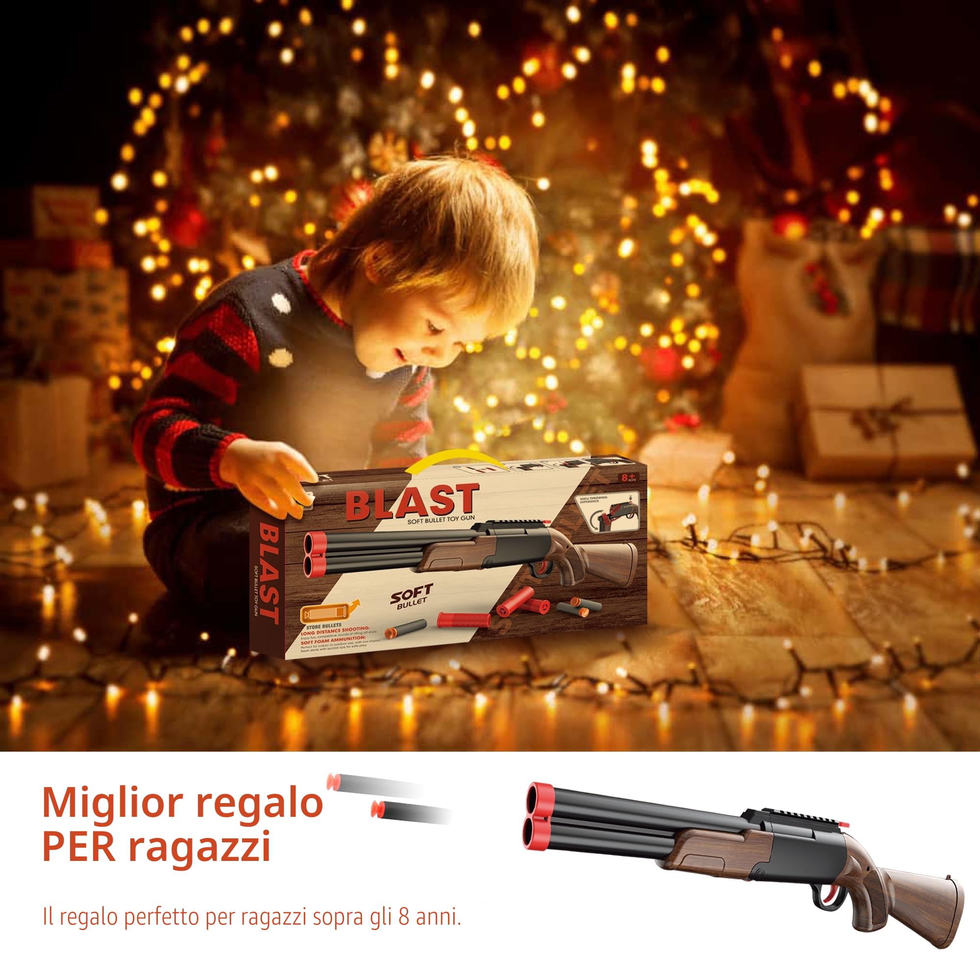 Pistola Giocattolo, Giocattolo a Doppia Canna, Giocattolo con 80 Proiettili Molli e Pistola esplosiva in schiuma EVA e 12 gusci vuoti, Regali di Compleanno di di Natale per Ragazzi Giovani 8 + Anni