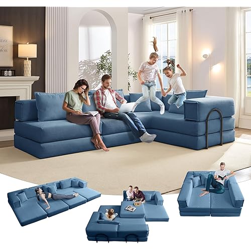 6-in-1 Convertible Sleeper Sofa Bed, 118" L-Shaped Modular Sectional Couch with Fixed Frame, Oversized Boneless Cloud Couch, Corduroy Memory Foam Futon for Living Room, No Tools Assembly, Blue