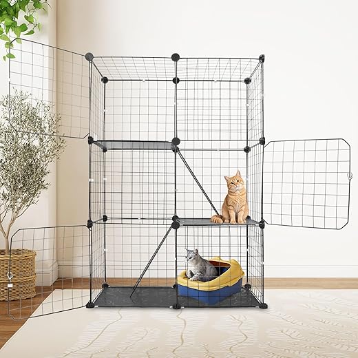 3 Tier Cat Playpen Cage, Metal Detachable DIY Indoor Cat Enclosures Kitten House Large Exercise Place Kitten Crate with 3 Doors 2 Ladders for 1-2 Cats
