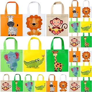 Tallew 24 Pack Safari Favor Bags with Handle Non Woven Jungle Animal Treat Goody Bags Lion Tiger Elephant Monkey Crocodile Giraffe Safari Birthday Bags for Kids Party Baby Shower Decorations Supplies