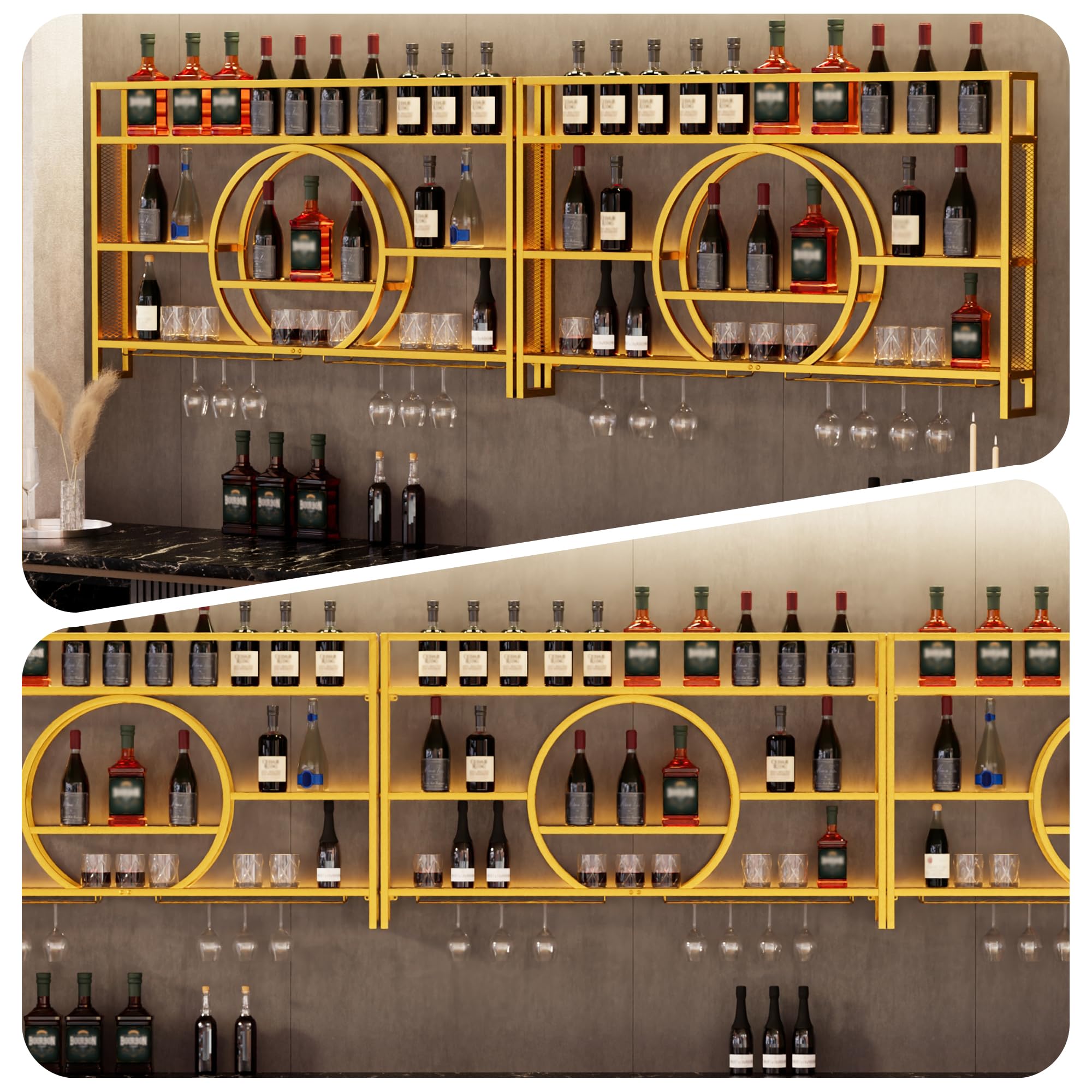 UEV Porte-Verre à Vin en Métal 140cm, Porte Bouteille Mural Industriel, Casier à Vin, avec Lumière LED de 15 Couleurs, Range Bouteille Vin, pour Salle à Manger, Cuisine, Bar (Or, 140x15x80cm)