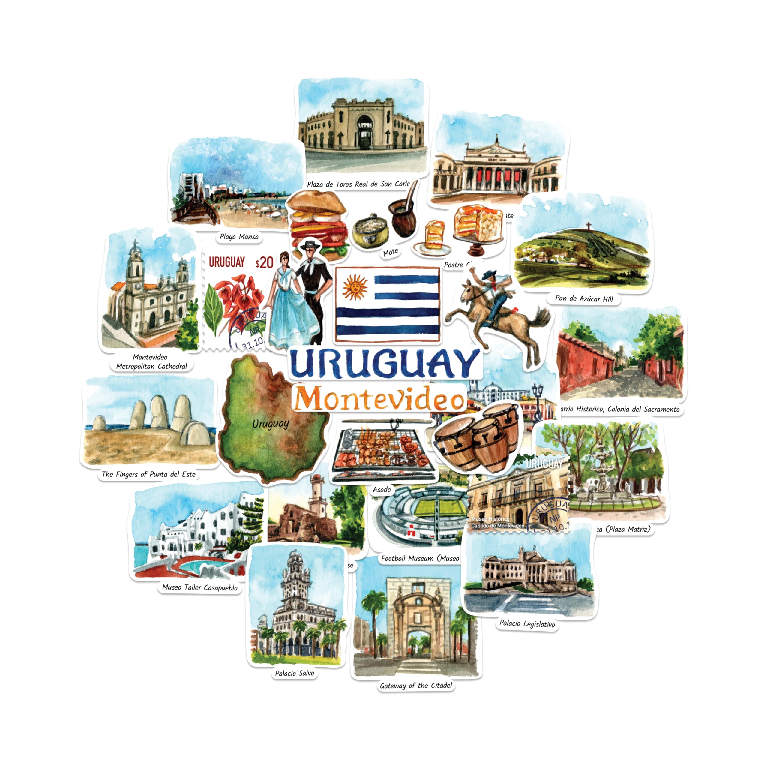 Navy Peony Unforgettable Uruguay Travel Stickers - Hand-Painted Watercolour, Matte, Die Cut - for Journals, Scrapbooks (28-Piece Set)