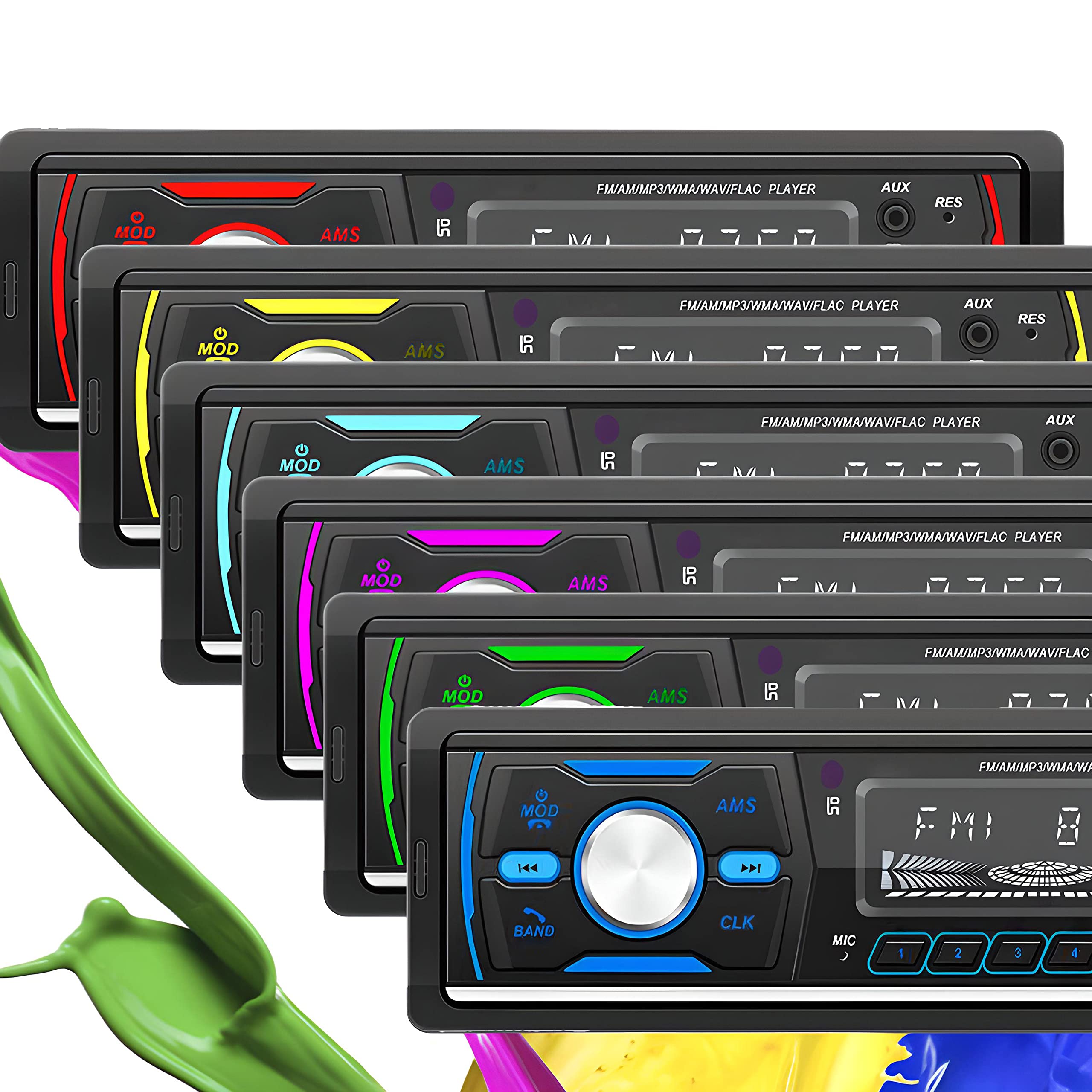 Retoo Radio samochodowe z zestawem głośnomówiącym Bluetooth i pilotem zdalnego sterowania, 1 odtwarzacz MP3 DIN z 2 USB do odtwarzania muzyki i ładowania, kolory RGB, tuner radiowy FM i antena z MP3