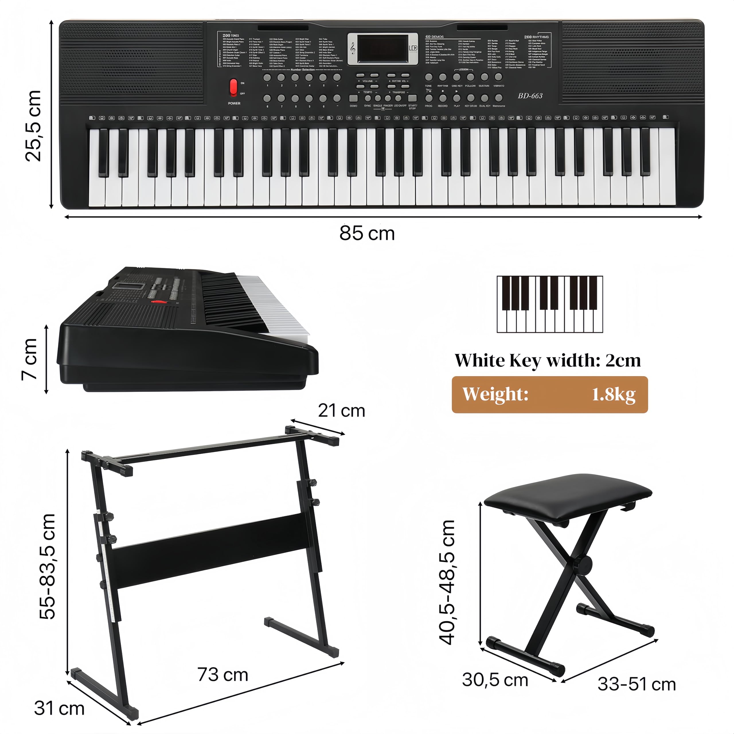 Bonnlo 61-Tasten Keyboard mit Z-Ständer, Hocker, Kopfhörer, LED-Display und 3 Lernmodi, 200 Klänge, 200 Rhythmen, mit eingebauten Lautsprechern für Anfänger & Fortgeschrittene, Schwarz