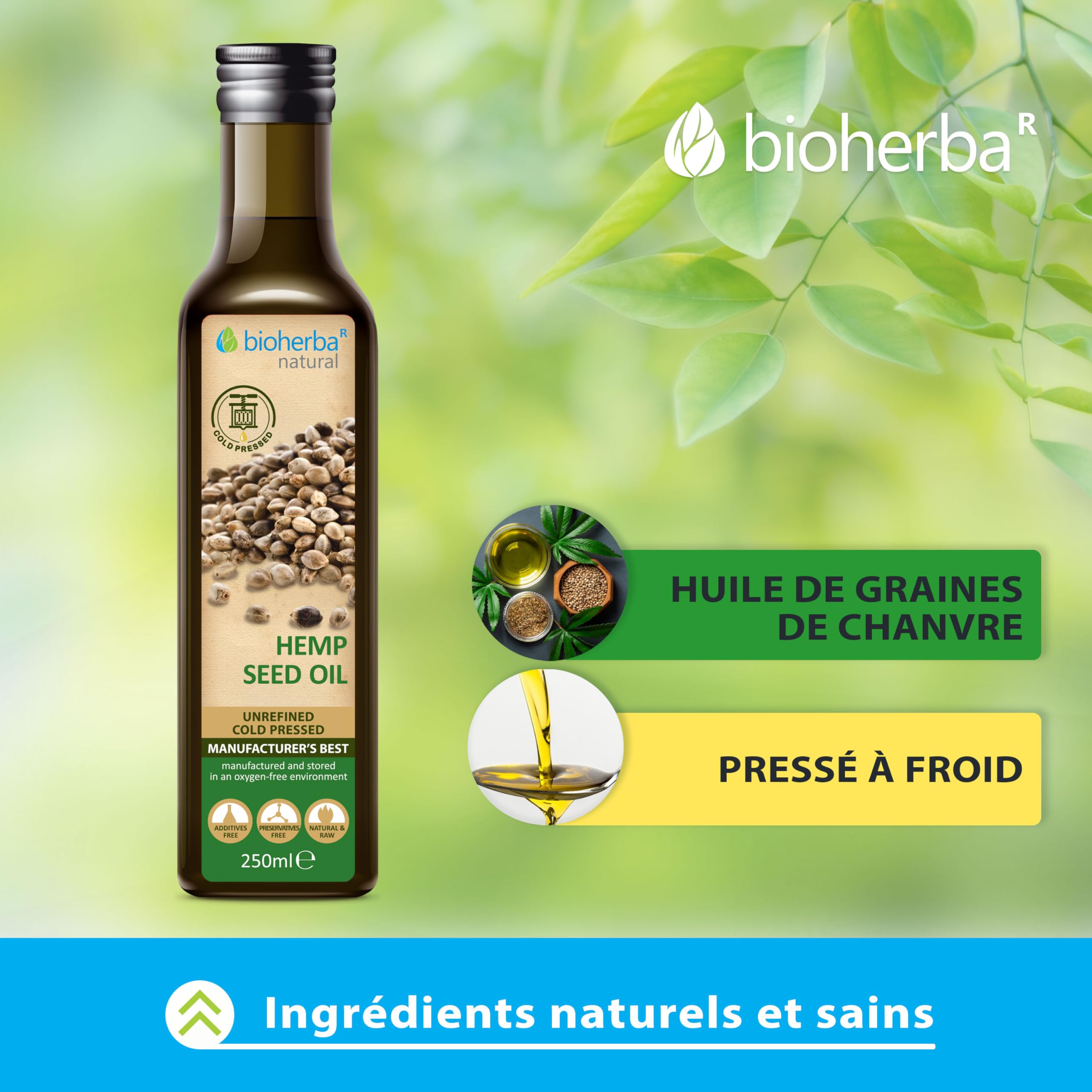 Huile de chanvre 250 ml – Huile végétale naturelle et pressée à froid | BIOHERBA