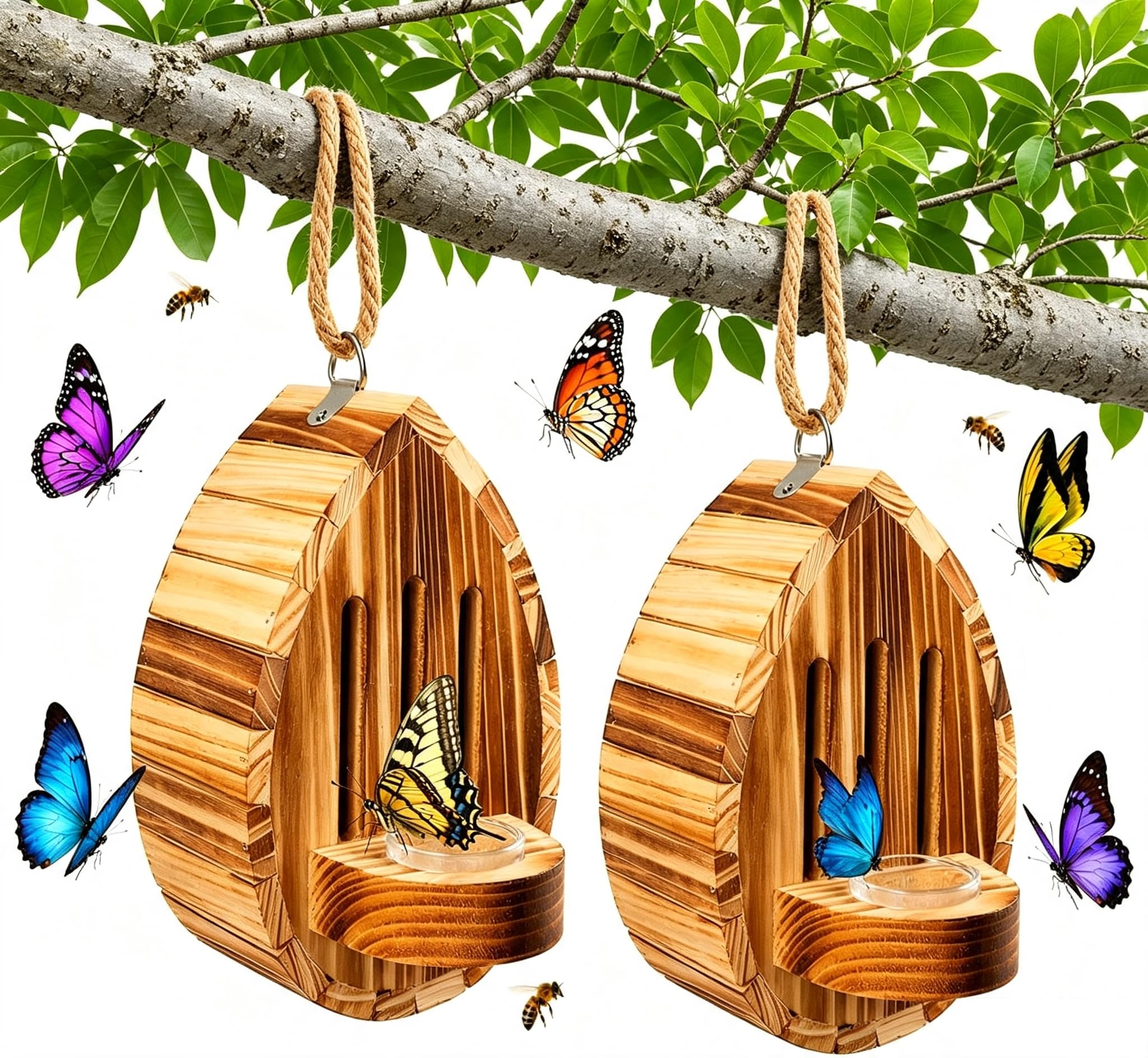 Schmetterlingshaus, Schmetterlingshotel aus Holz mit Seil & Futterstation, Bienenhotel Wetterfest, Wildbienen Nisthilfe, Insektenhotel für Bienen, Marienkäfer, Schmetterling Garten，2 Stück