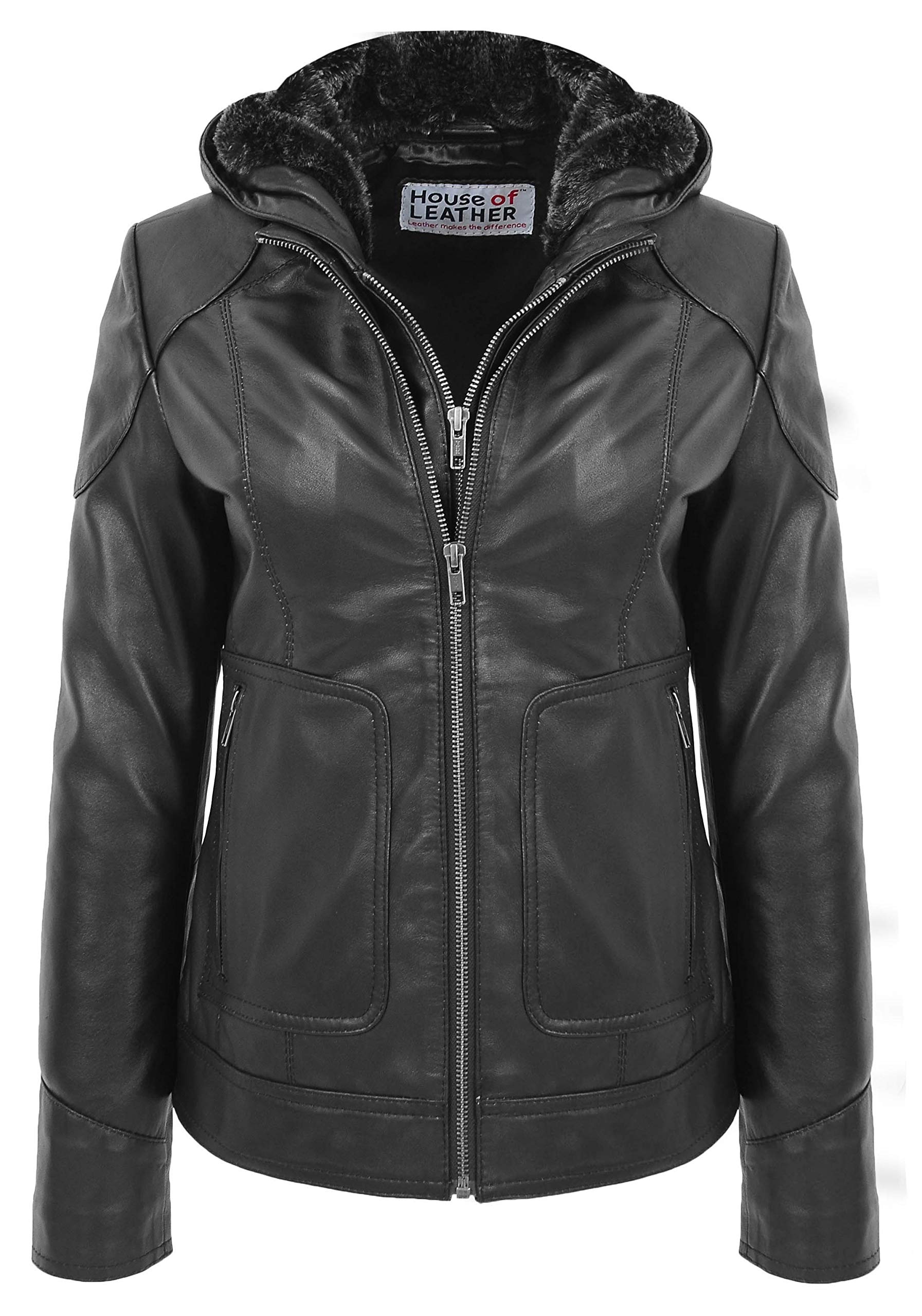 House Of Leather Women's Black Real Leather Jacket Detachable Hoodie Biker Style Brooke (20)