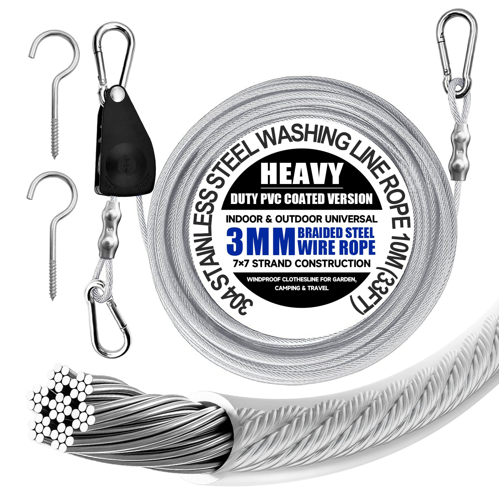 304 Stainless Steel Washing Line Rope 10m (33ft) – Heavy Duty Indoor & Outdoor Clothes Line with PVC Coating, 3mm 7x7 Braided Wire, Windproof Clothesline for Garden, Camping & Travel