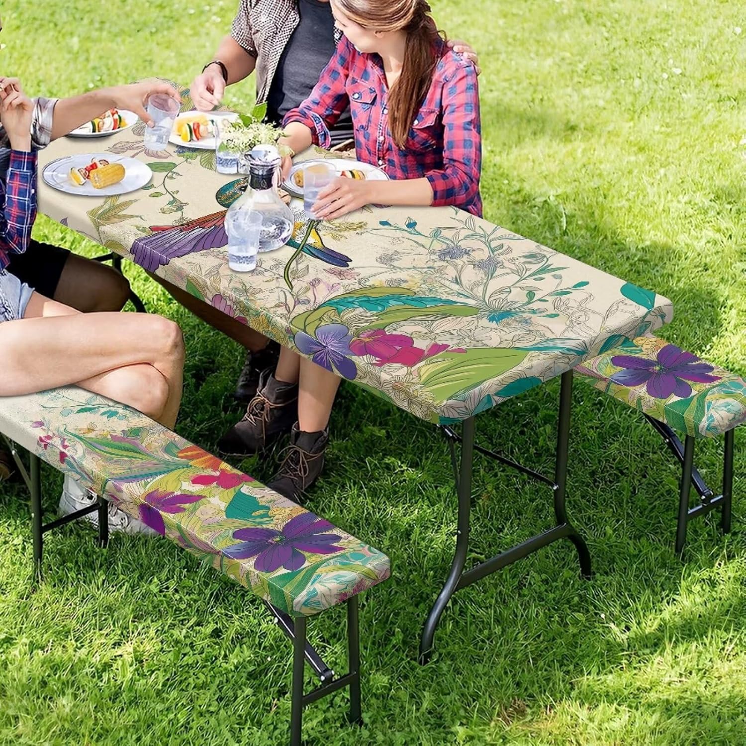 Easy Install Picnic Table Cover 3 Piece Set, Waterproof Bench Covers with Elastic Corners, Quick Dry Protective Cover for Camping, Backyard, Beach and Party Events Hummingbird