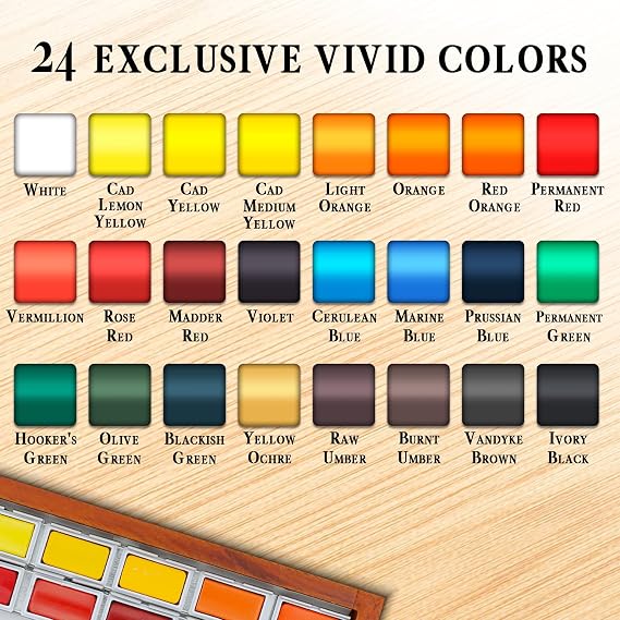 Pinturale Arts Watercolor Set Professional | 24 Richly Pigmented Colors (XL Pans) in Wooden Box | Artist Grade Watercolor Professional Paint Set