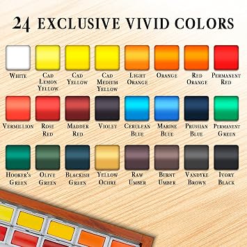 Pinturale Arts Watercolor Set Professional | 24 Richly Pigmented Colors (XL Pans) in Wooden Box | Artist Grade Watercolor Professional Paint Set