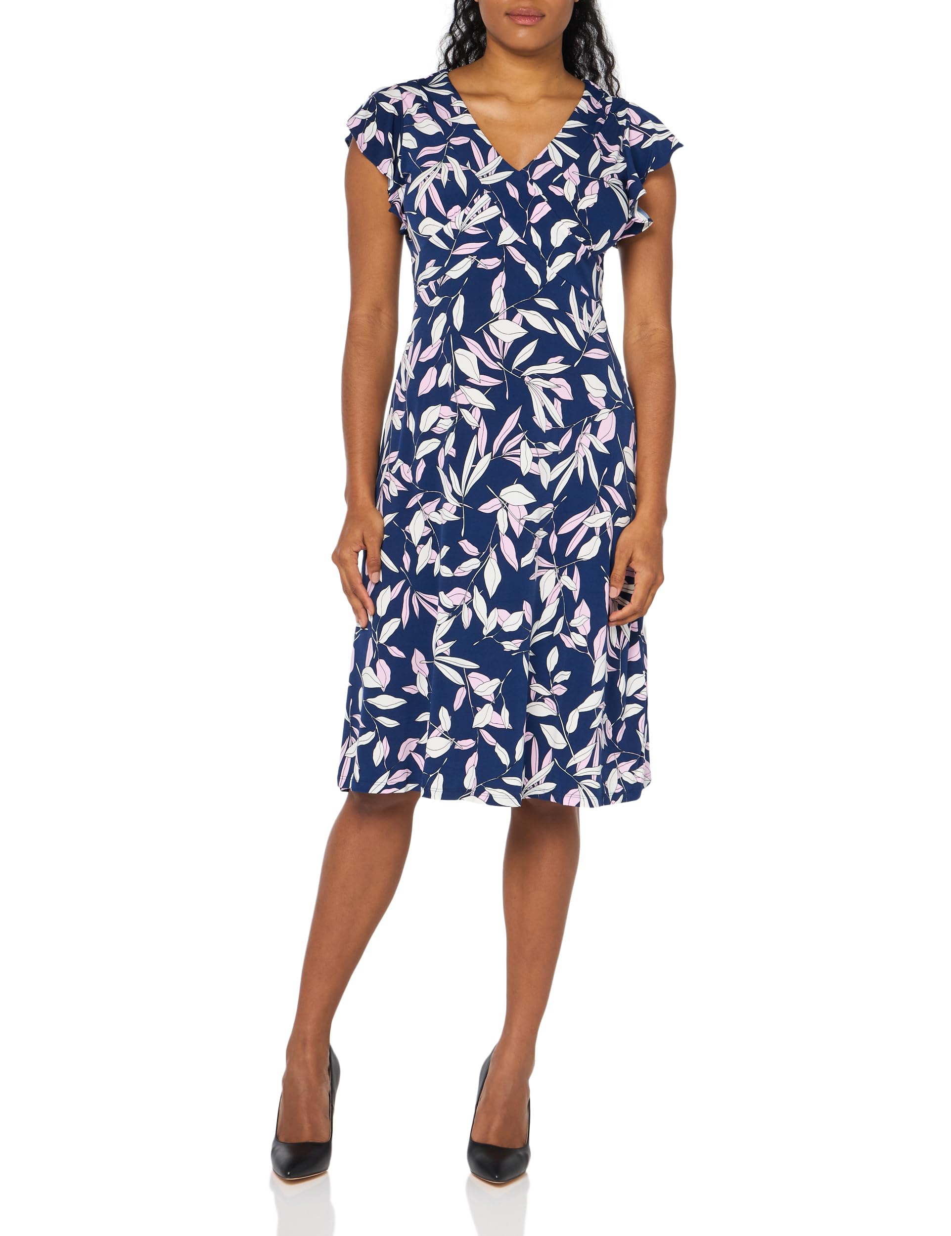 London Times Damen Damen-midi-Kleid mit Blattdruck, V-Ausschnitt, Rüschenärmel, V-Ausschnitt, Rüschenärmel, V-Ausschnitt Kleid