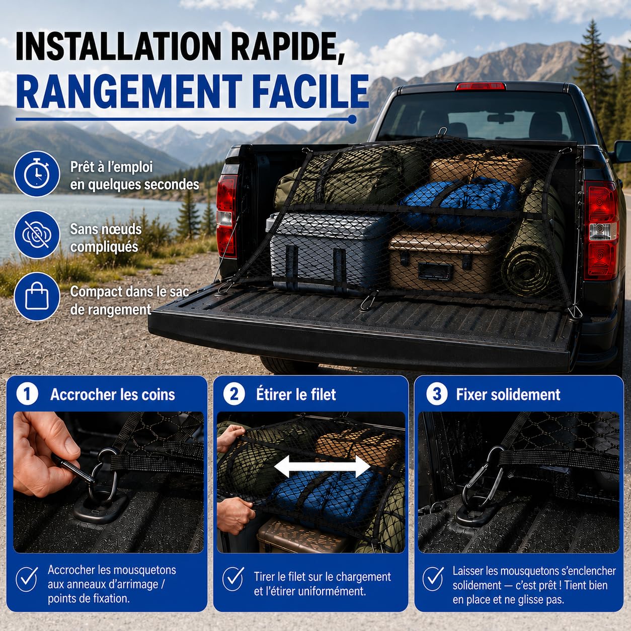 Filet de Chargement pour Pick-up et SUV, Noir, Double Couche avec 8 mousquetons métalliques, pour Quad, remorque et Bateau, 120 × 120 cm, Extensible Jusqu’à 210 × 210 cm