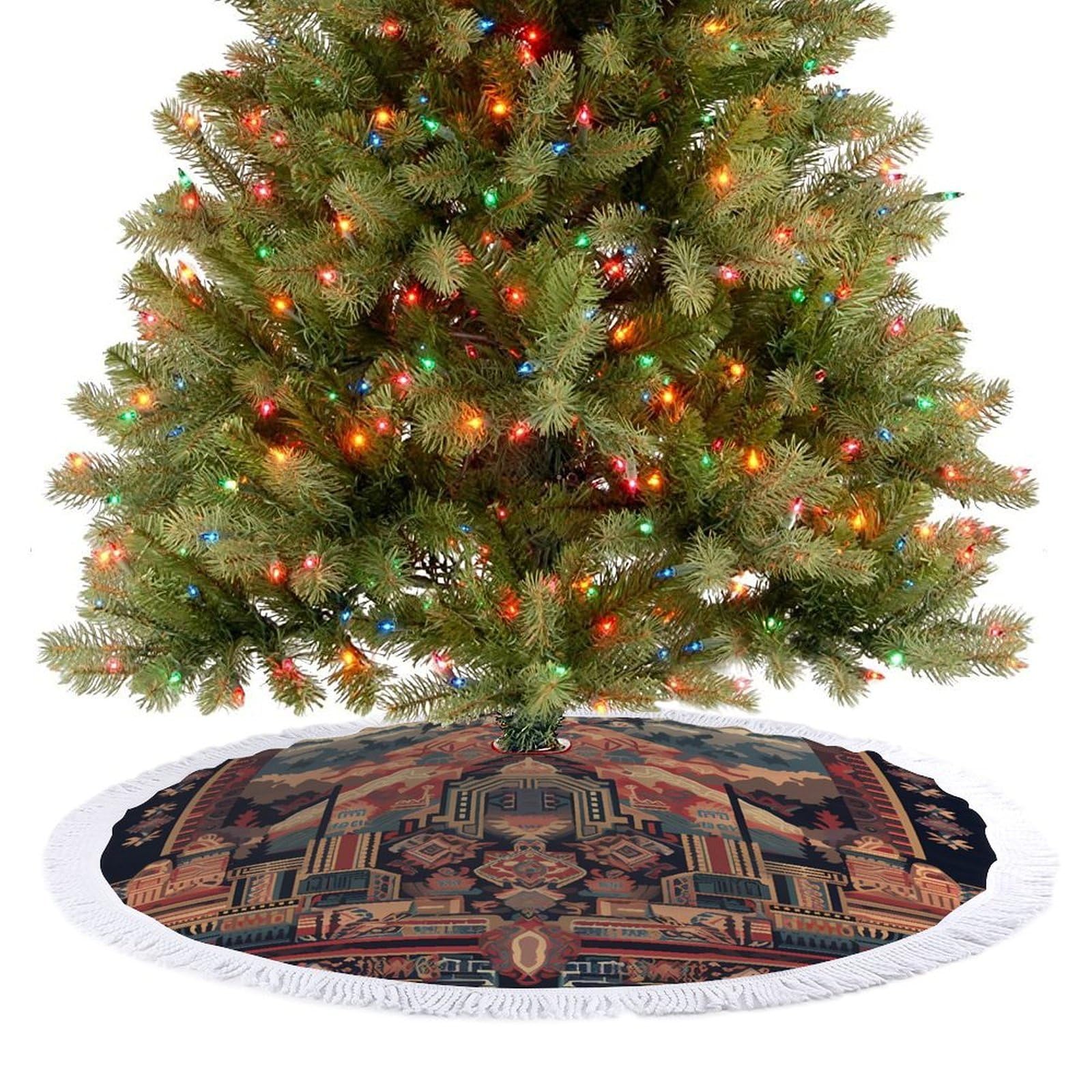 Traditional Tribal Patterns Christmas Tree Skirt 48"x48" Rustic Xmas Tree Mat with Tassel Ornament Christmas Trees Cover Skirt Mat for Evergreen Trees Ornament Winter Holiday Mats Decorations