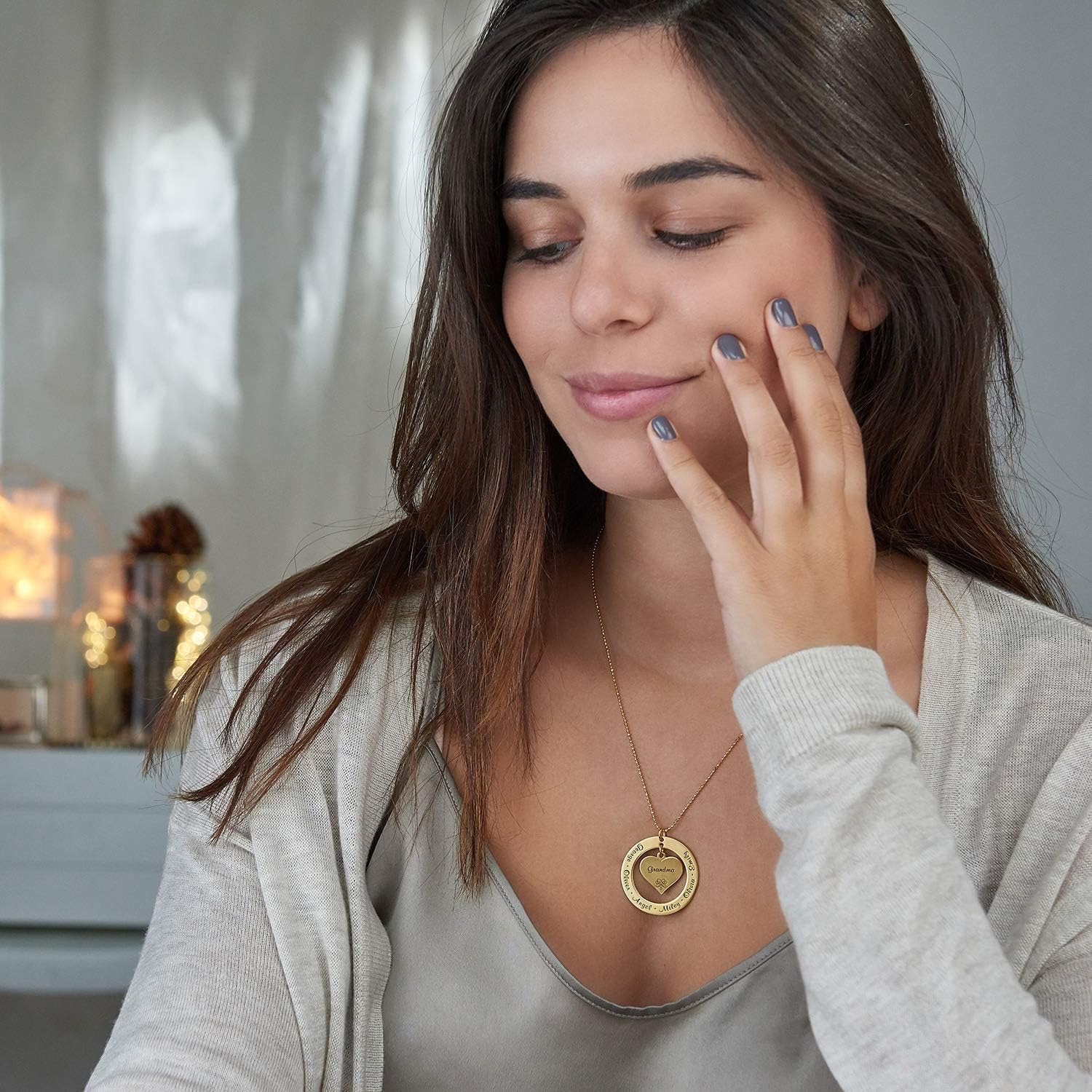 MYKA - Personalized Grandma/Mom Circle Necklace with Hanging Heart Charm - Customized Pendant - Precious Metals: 925 Sterling Silver, 18K Gold & Rose Gold Plating, Vermeil - Dainty Jewelry For Christmas, Xmas, MotherÕs Day For Mom, Mother, Grandma, Her, Women