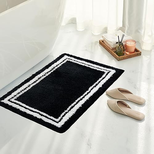 Miniatura 13 de Tititex Alfombra de baño de lujo con marco blanco y negro, 20 x 32 pulgadas + 16 x 24 pulgadas, 2 piezas de microfibra extrasuave y absorbente,