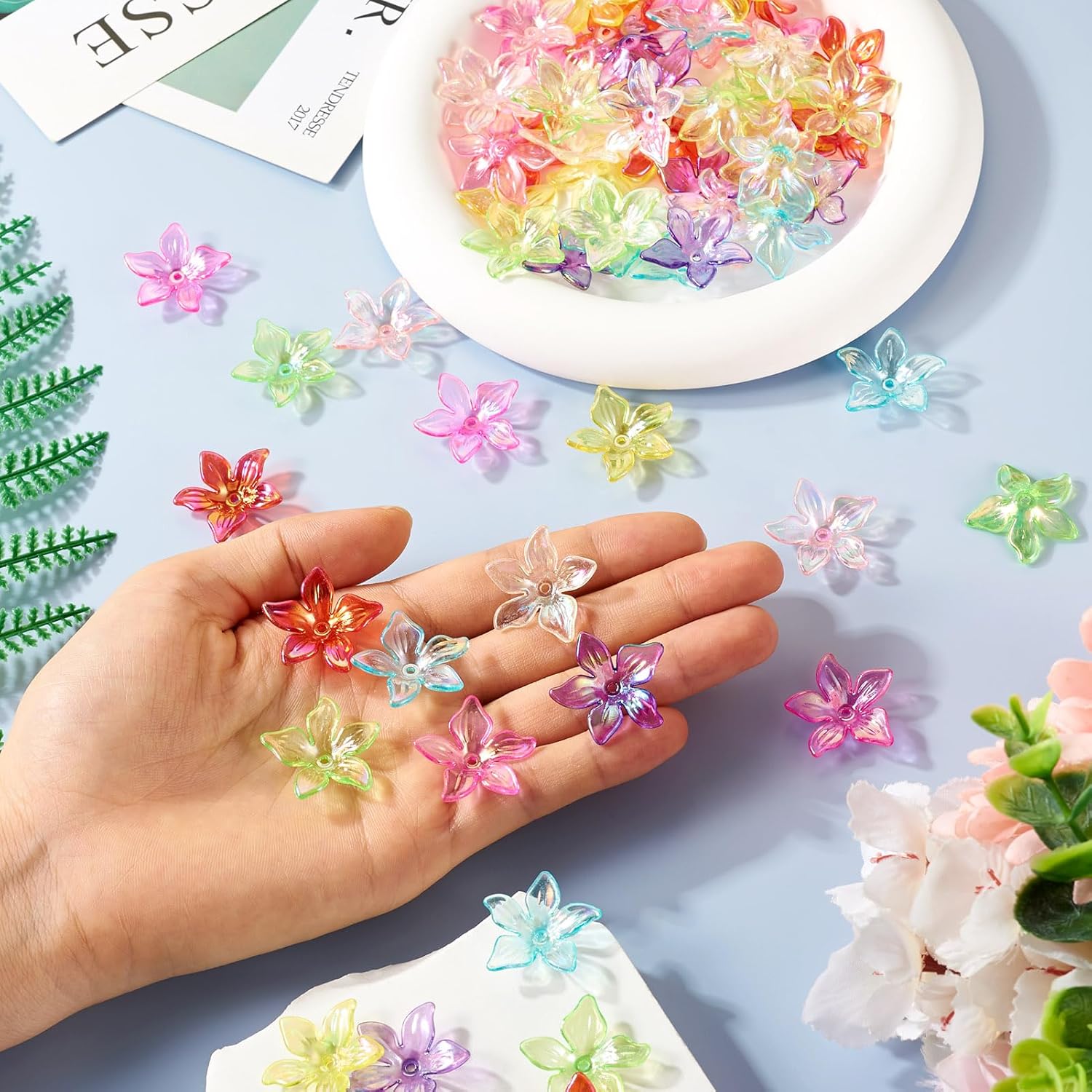 Craftdady 80Pcs Acrylic Flower Bead Caps Colorful 5-Petal Lily Flower Bead End Caps Spacer Charm Cute Plastic Large Floral Loose Craft Beads 24x26mm for DIY Earring Bracelet Necklace Jewelry Making - Image 3