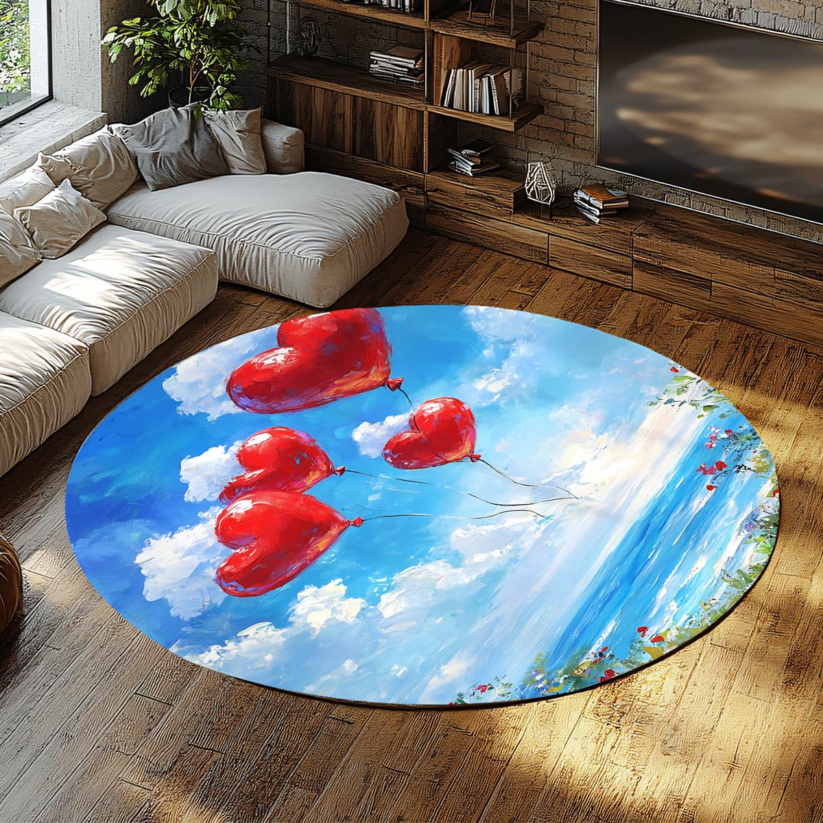 Romantyczne niebo oceaniczne czerwone balony w kształcie serca, okrągły dywan 120 cm (okrągły), kolorowe kwiaty, z nadrukiem, antypoślizgowy, do salonu i sypialni