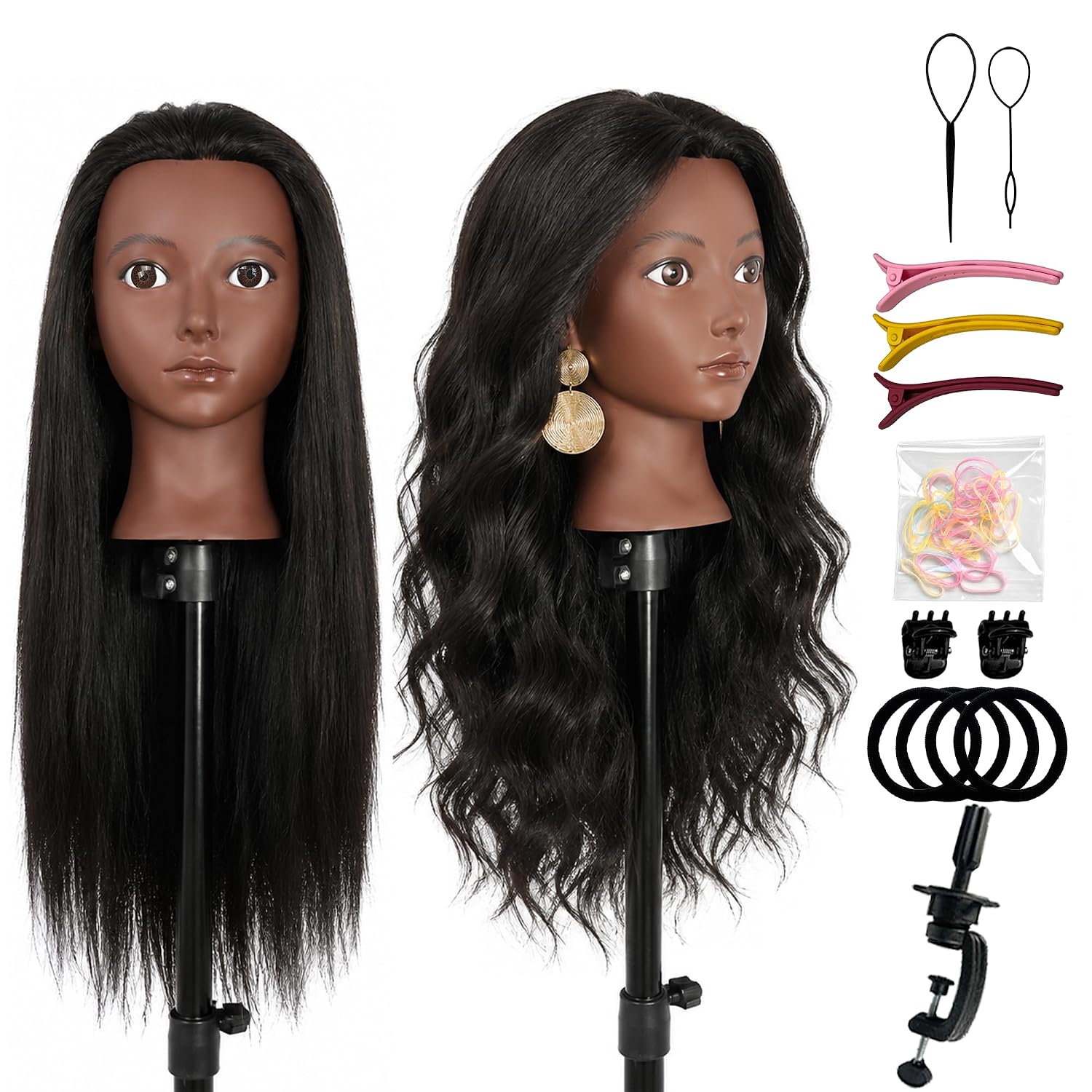 Human Hair Mannequin Head 20" for Braiding, Styling & Cosmetology Training | Natural black long hair with deep brown skin; includes a table stand and styling accessories for adult beginners