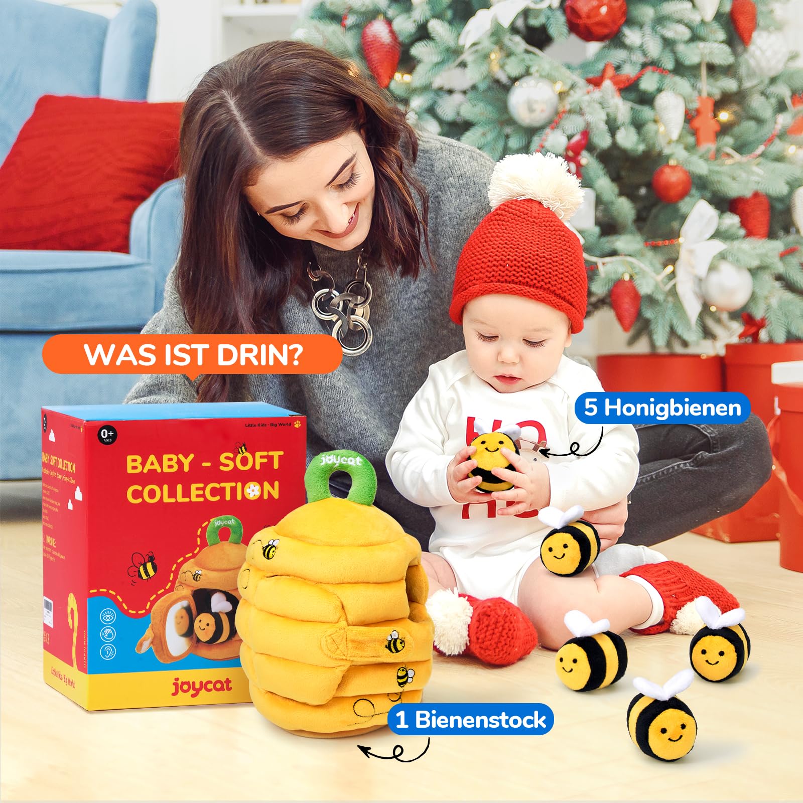 JoyCat Baby Spielzeug 6-12 Monate, Sensorik Spielzeug Baby Bienenstock mit 5 Bienen Spielzeug, Rassel, Spiegel, Montessori BabySpielzeug, Motorikspielzeug Geschenke für 6 8 9 12 Monate