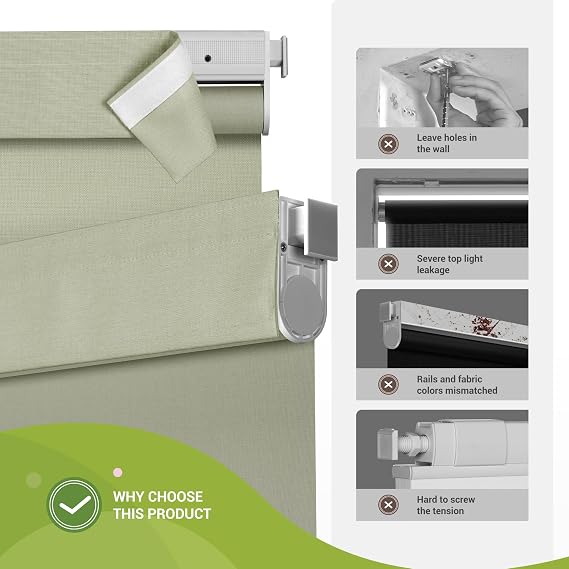 No Drill No Tools Blackout Roller Shades for Windows, Cordless Blinds with Linen Fabric-Matched, Custom Roller Blinds for Home Office Door, Beige, 36 W x 36 H