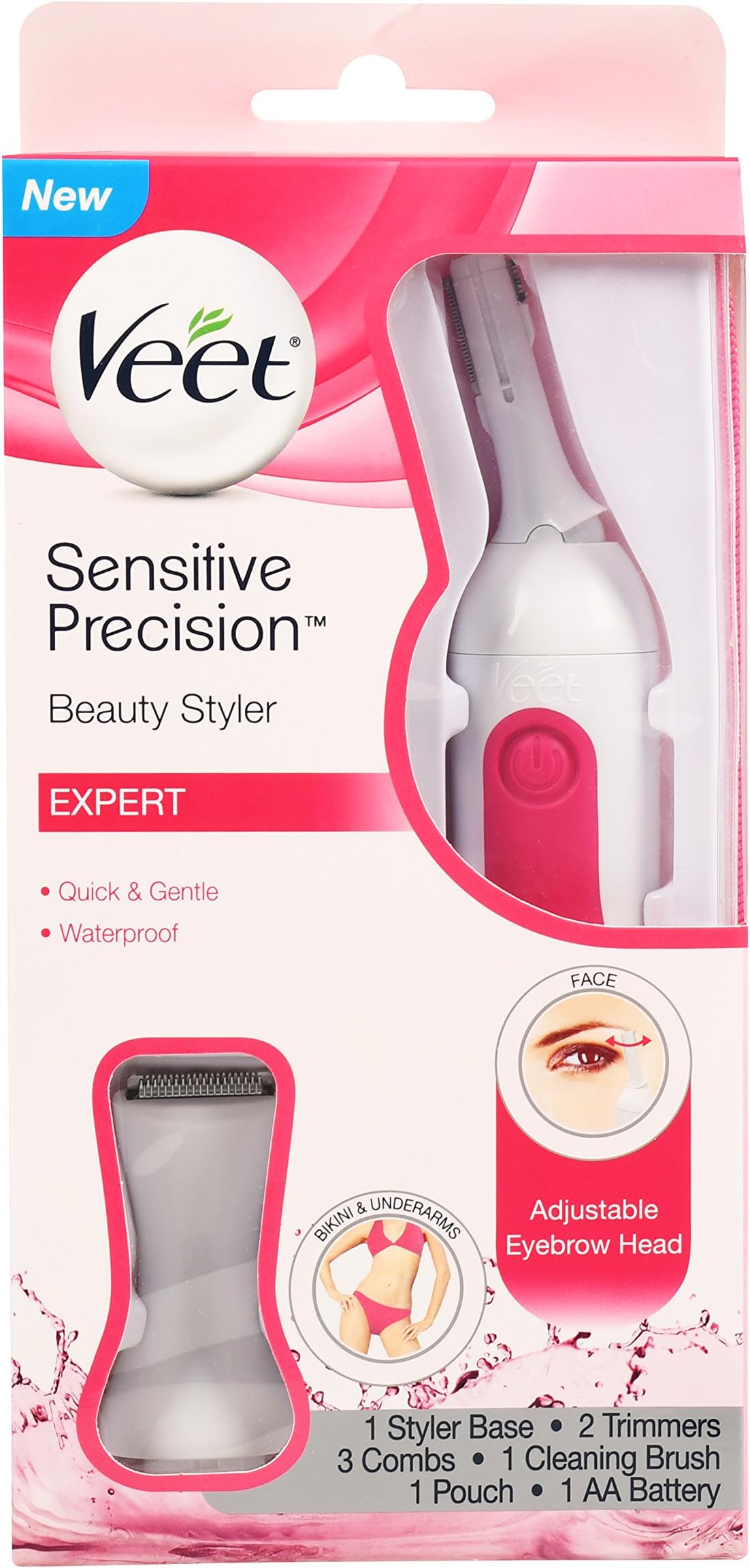 Hair Removal Electric Trimmer – Veet Expert Sensitive Precision Beauty Styler for Underarms, Eyebrows and Bikini Hair Removal with 8 Accessories and Beauty Bag, 1 Count