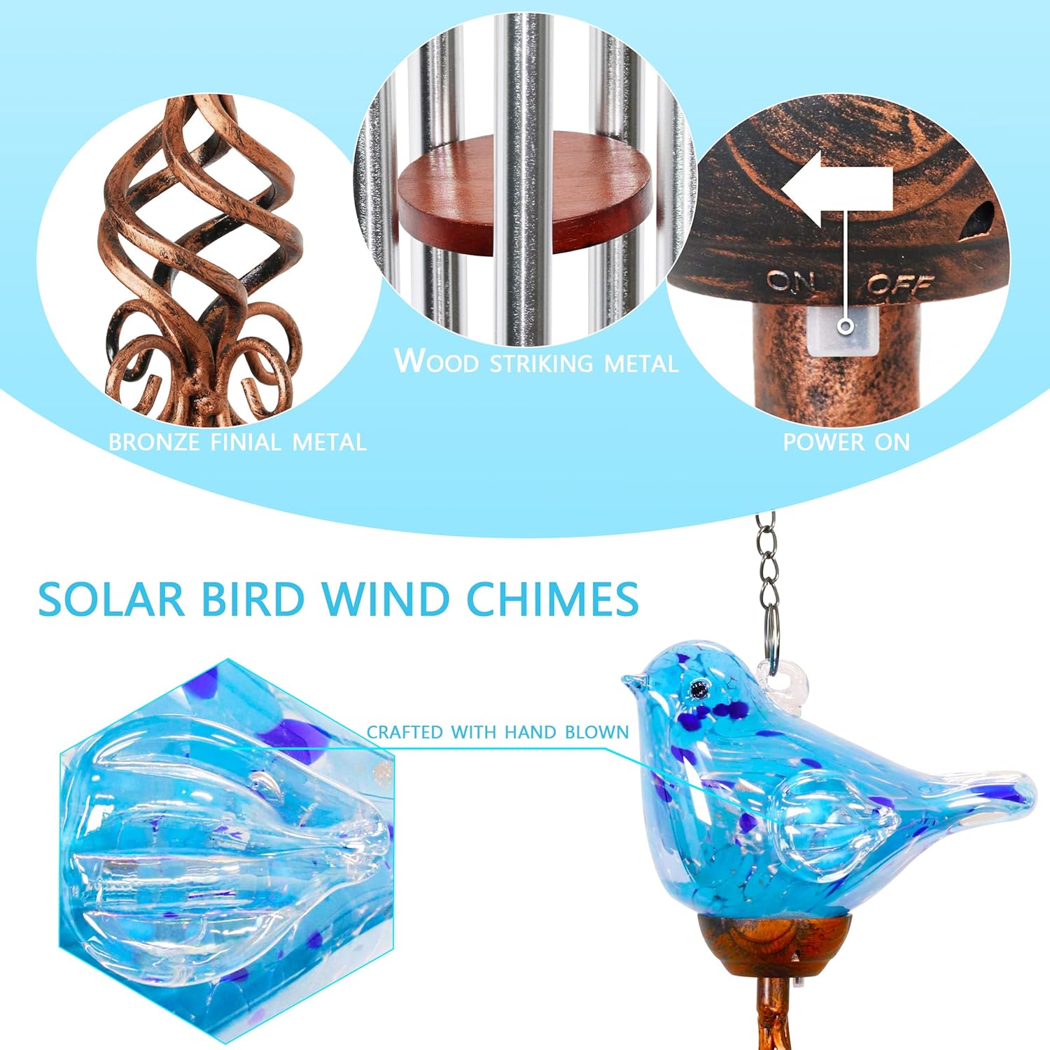 Solar Glass Bird Shape Wind Chimes, LED, Outdoor Glass and Metal Decoration for Lawn and Patio, 7 x 4 x 44 inches (Light Blue) - Image 2