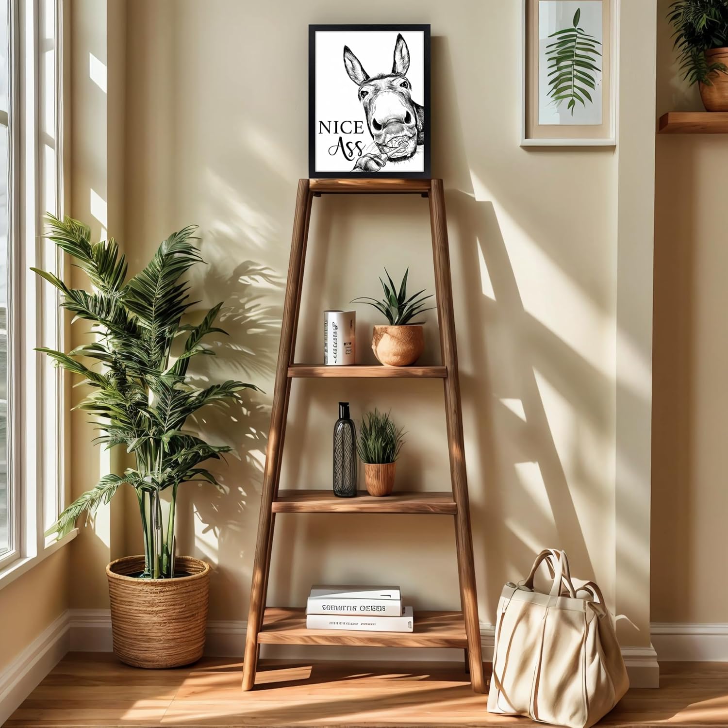 Wkyqes Funny Bathroom Wall Art Decor - Wooden Framed Farmhouse Restroom Sign Vintage Animal Picture Print for Powder Room Toilet Wall Decoration (Toothbrush Donkey, 15" L x 12" W)