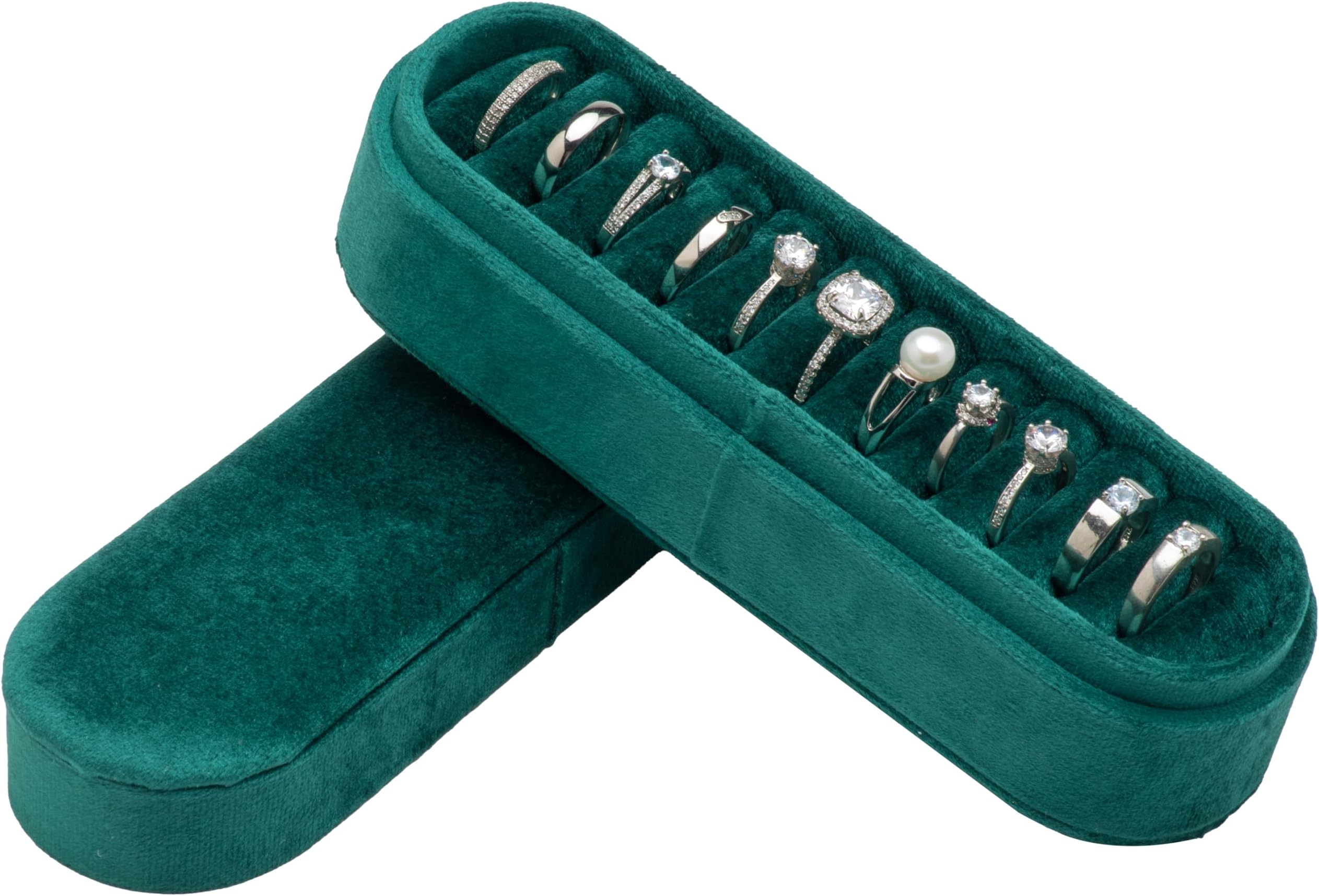 COWFEX Velvet Small Multiple Ring Box Portable Organizer Display Storage Travel Case Jewelry Earring Holder for Wedding Birthday Christmas Day (Green), PN081