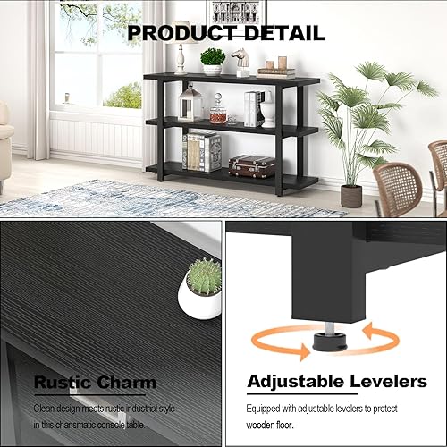 Miniatura 6 de FOLUBAN Mesa de entrada negra, mesas consola modernas con estantes de almacenamiento de 3 niveles para sala de estar, mesa de sofá de madera y metal