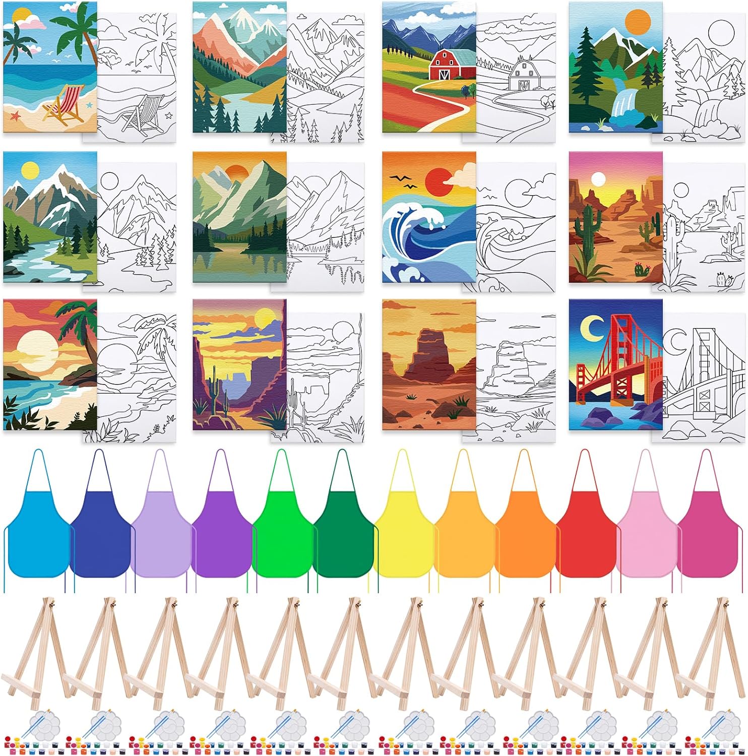 Anseal 84 Pcs Kids Paint Party Set Party Favors 12 Pre Drawn Canvas 12 Brushes 12 Palettes 12 Set Acrylic Paints 12 Apron Canvas Painting Kit for Kids Art Paint Party（Landscape Style）