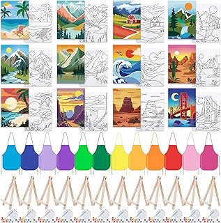 Anseal 84 Pcs Kids Paint Party Set Party Favors 12 Pre Drawn Canvas 12 Brushes 12 Palettes 12 Set Acrylic Paints 12 Apron Canvas Painting Kit for Kids Art Paint Party(Landscape Style)