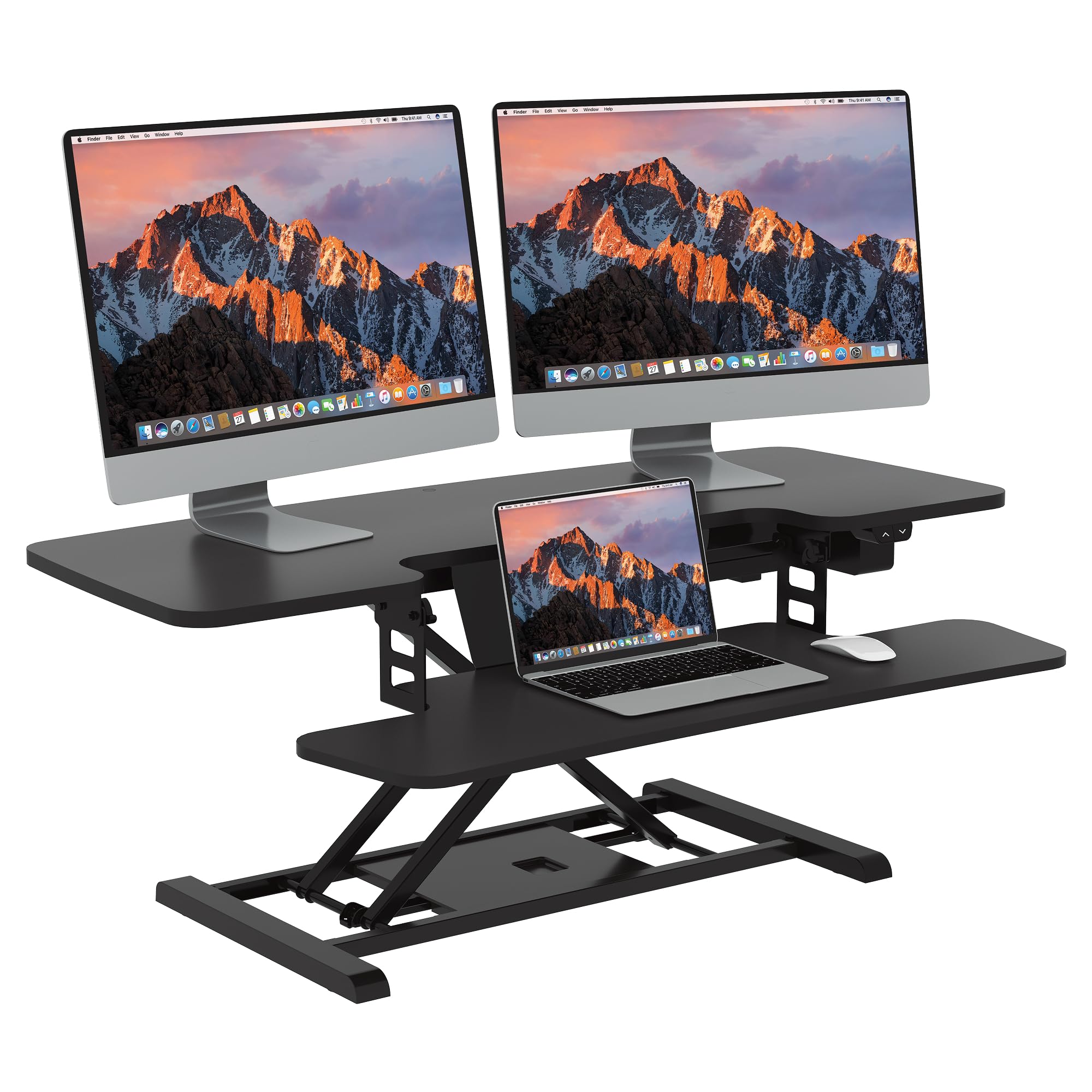 SANODESK 42 Electric Standing Desk Converter Height Adjustable Riser for Office Home Dual Monitor and Laptop Workstation with