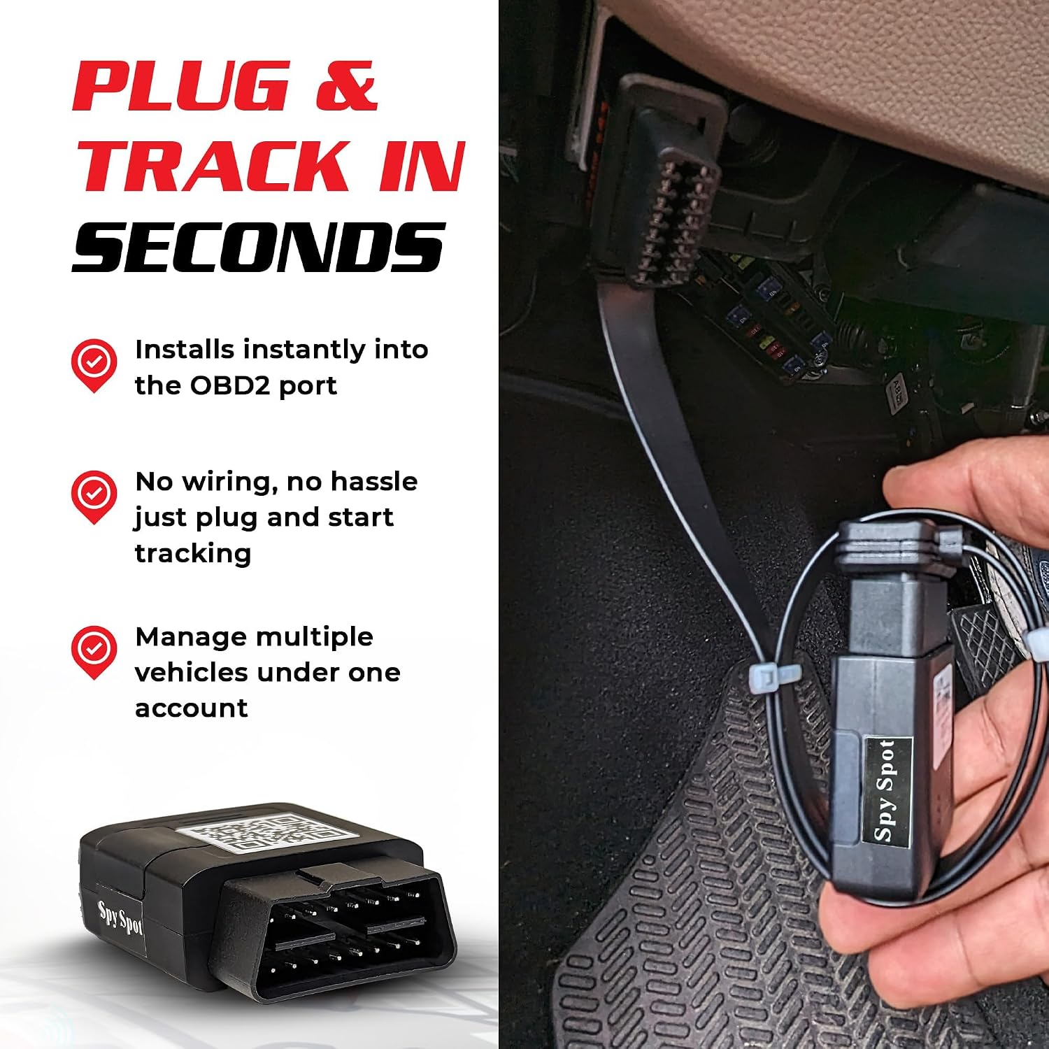 Spy Spot OBD2 GPS Tracker for Vehicles, 4G LTE Real-Time Car Tracking Device with Geo-Fence Alerts, Plug & Play Installation, Speed & Route Monitoring, SIM Included, Subscription Required