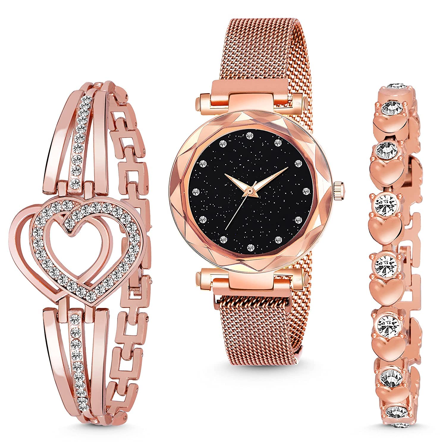PUTHAK Analogue Diamond Studded Stylish Black Dial Magnet Watch with Gift Bracelet for Women or Girls and Watch for Girl or Women (Combo of 3) (Golden-1) (B09X3L8NDT) Amazon Price History, Amazon Price Tracker
