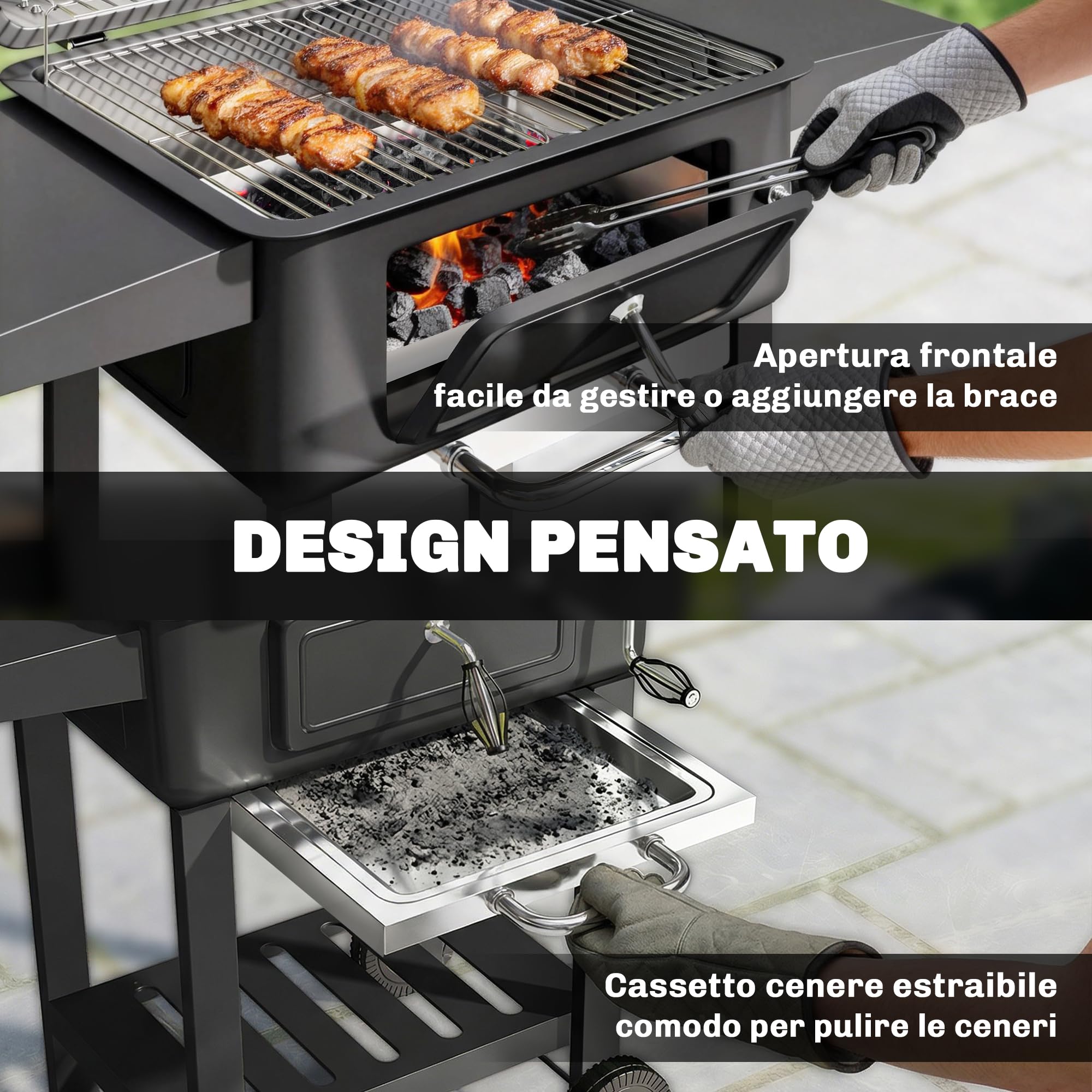 Outsunny Barbecue Carbonella Carrello BBQ Portatile con Griglia e Coperchio, Nero