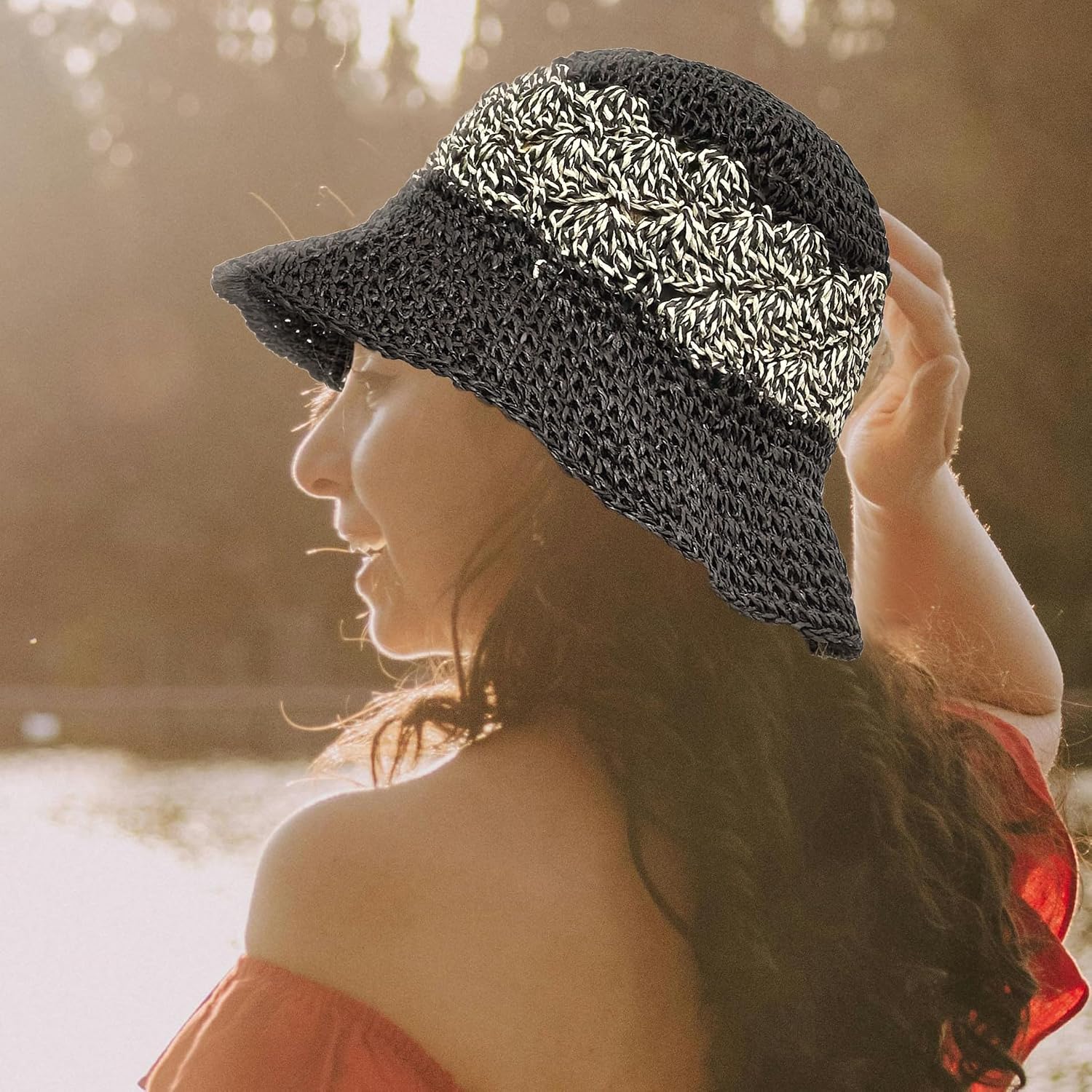 Womens Bucket Hat, Floppy Straw Sun Hat Woven Beach Cap