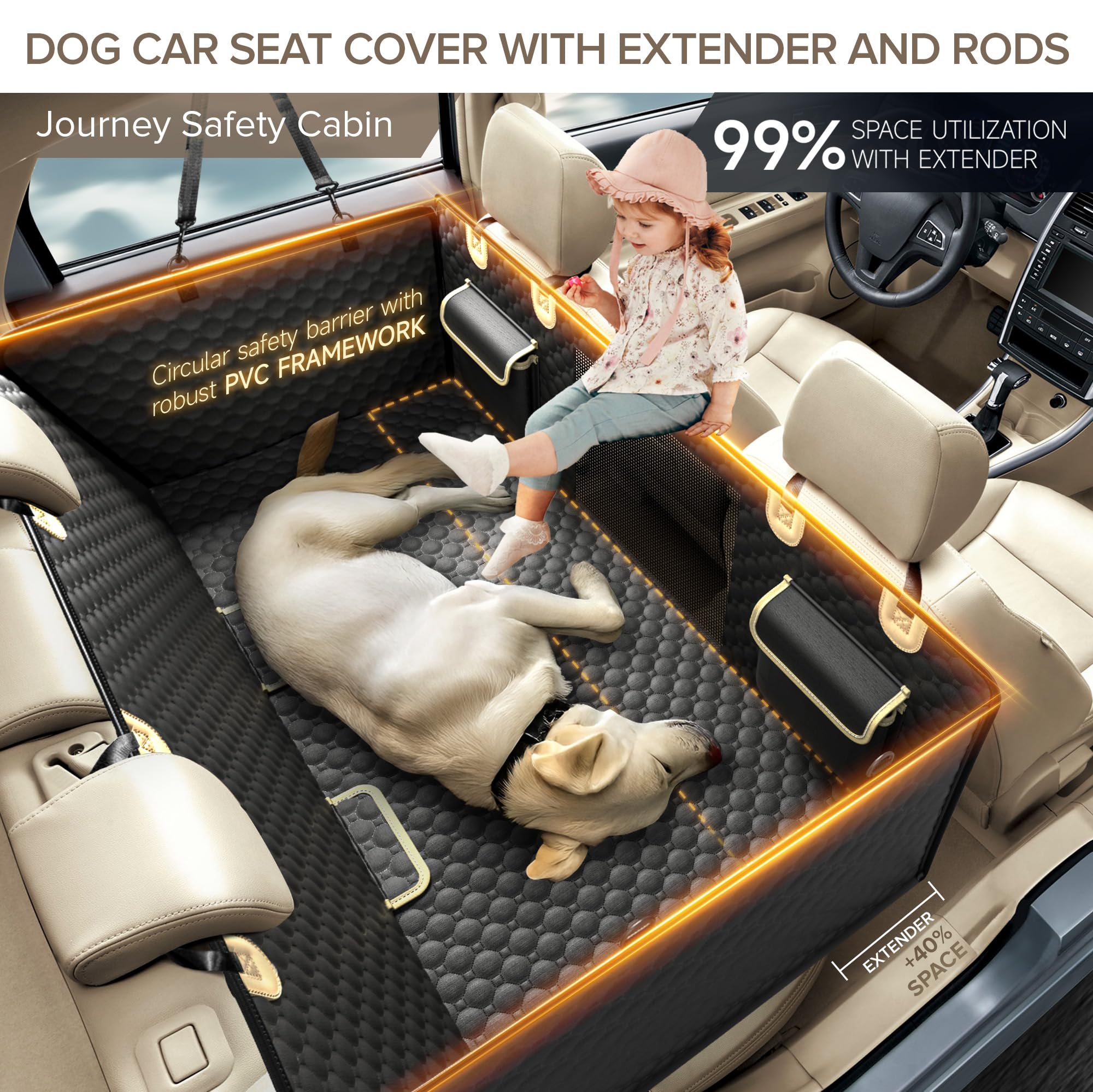 Extensor de asiento trasero para perros, soporte de varillas de PVC y funda de asiento de coche de parte inferior dura para perros, funda de asiento de coche resistente para asiento trasero, hamaca