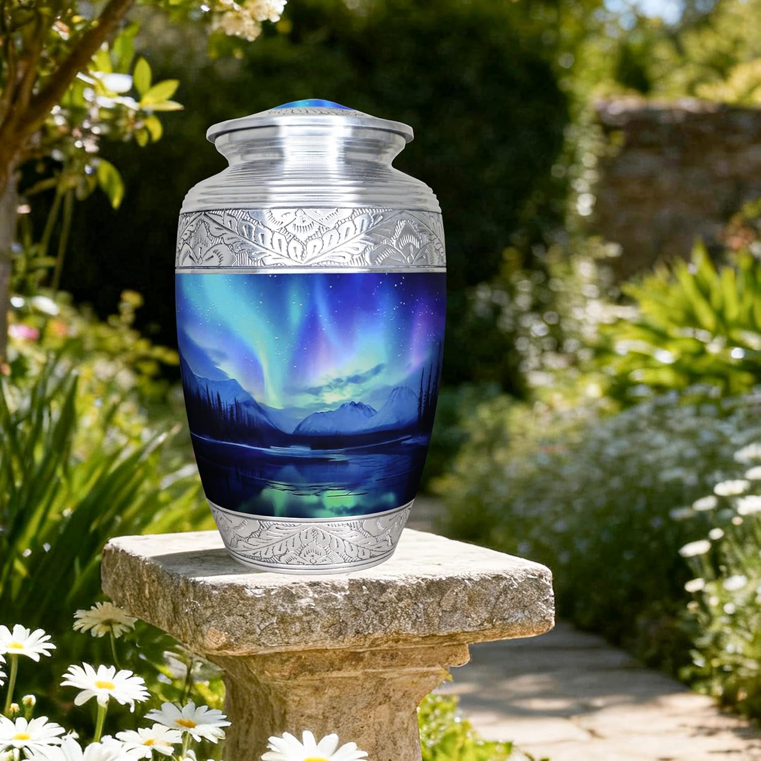 M MEILINXU Large Urn for Ashes for Women, Cremation Urns for Human Ashes Adult Man & Female, Funeral Urn for Adult Male, Decorative, Burial, Galaxy, Turquoise Urns, Aurora Borealis - Full Size