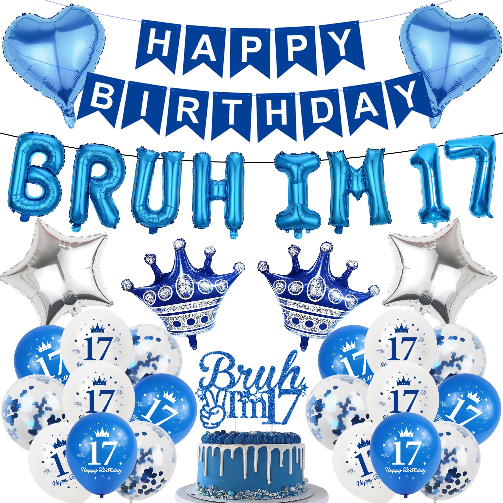 17th Birthday Decorations Balloons Boy - 34 Pcs Blue Silver 17th Banner Set