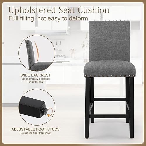 Miniatura 9 de THKSBOUGHT Taburetes de mostrador para decoración de cabeza de uñas, cojines suaves de 24 pulgadas con patas de madera maciza (juego de 2 beige)