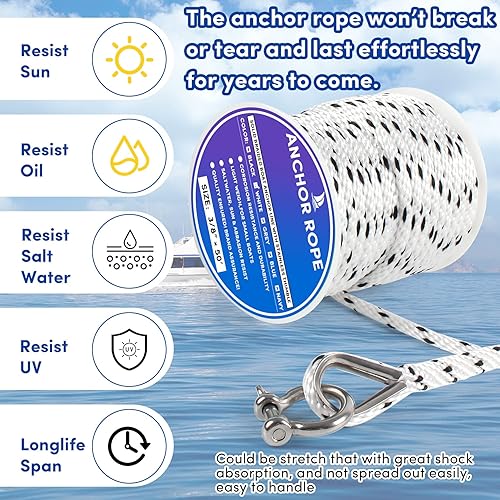 Vista 75 de Cuerda de anclaje premium de 100 pies x 3/8 pulgadas, cuerda marina de línea de anclaje MFP trenzada sólida con dedal y grillete, color negro